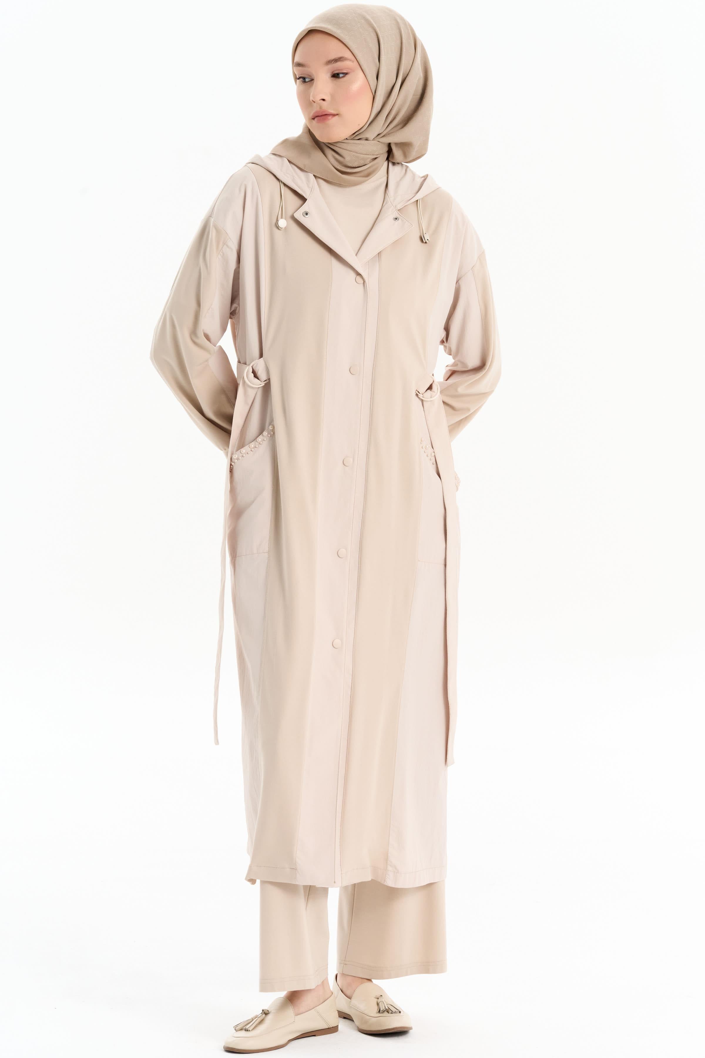 Cepler İnci Detaylı Garnili Pardesü - Bej TUGBA
