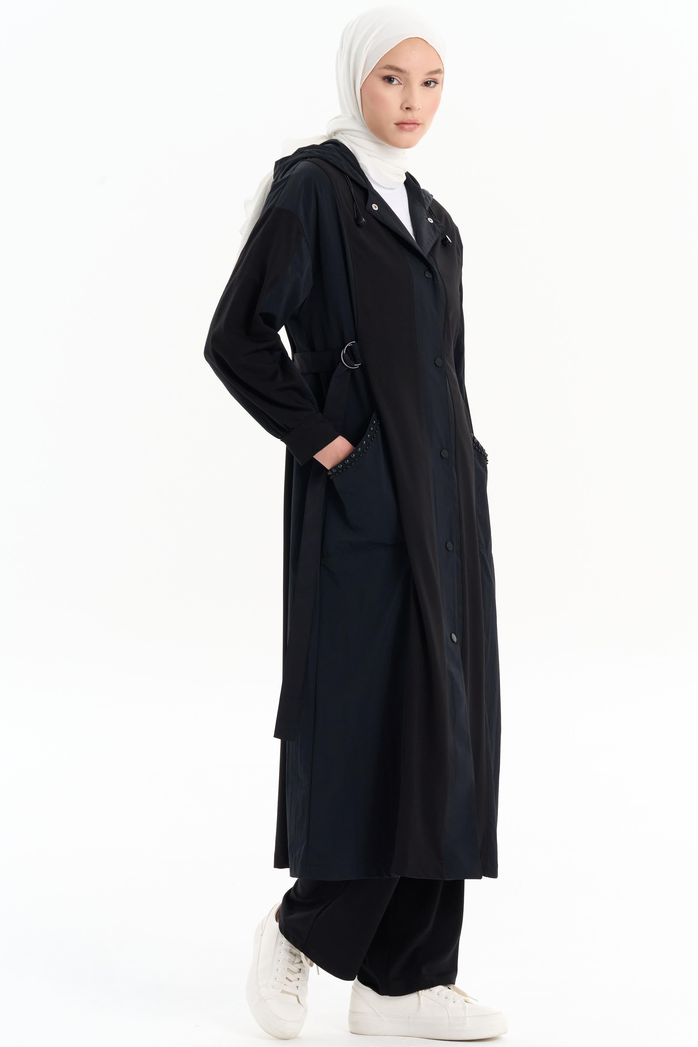 Cepler İnci Detaylı Garnili Pardesü - Siyah TUGBA