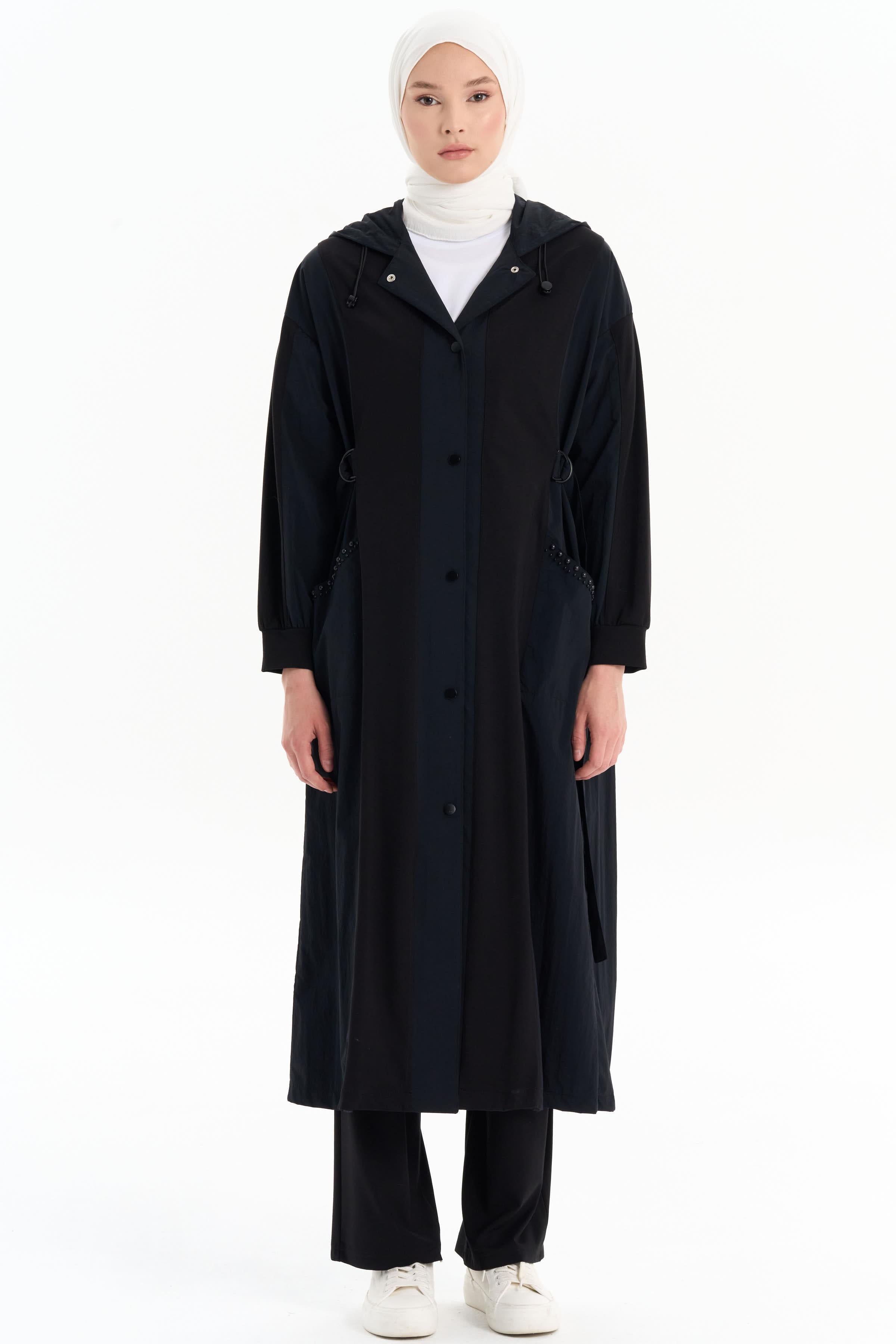 Cepler İnci Detaylı Garnili Pardesü - Siyah TUGBA