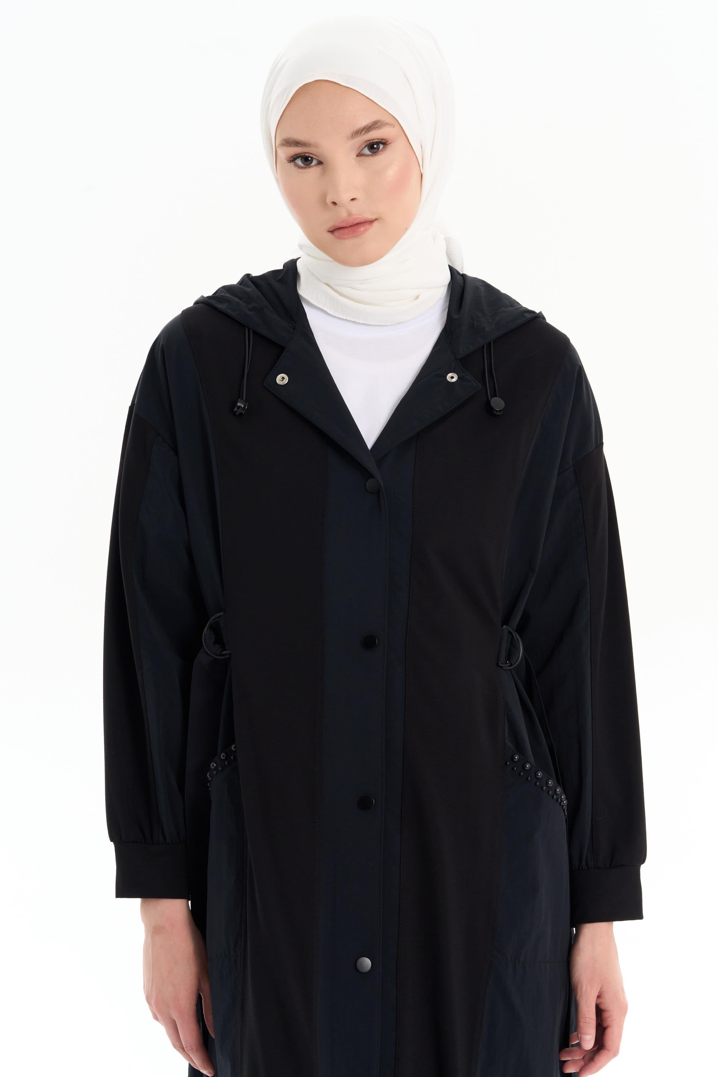 Cepler İnci Detaylı Garnili Pardesü - Siyah TUGBA