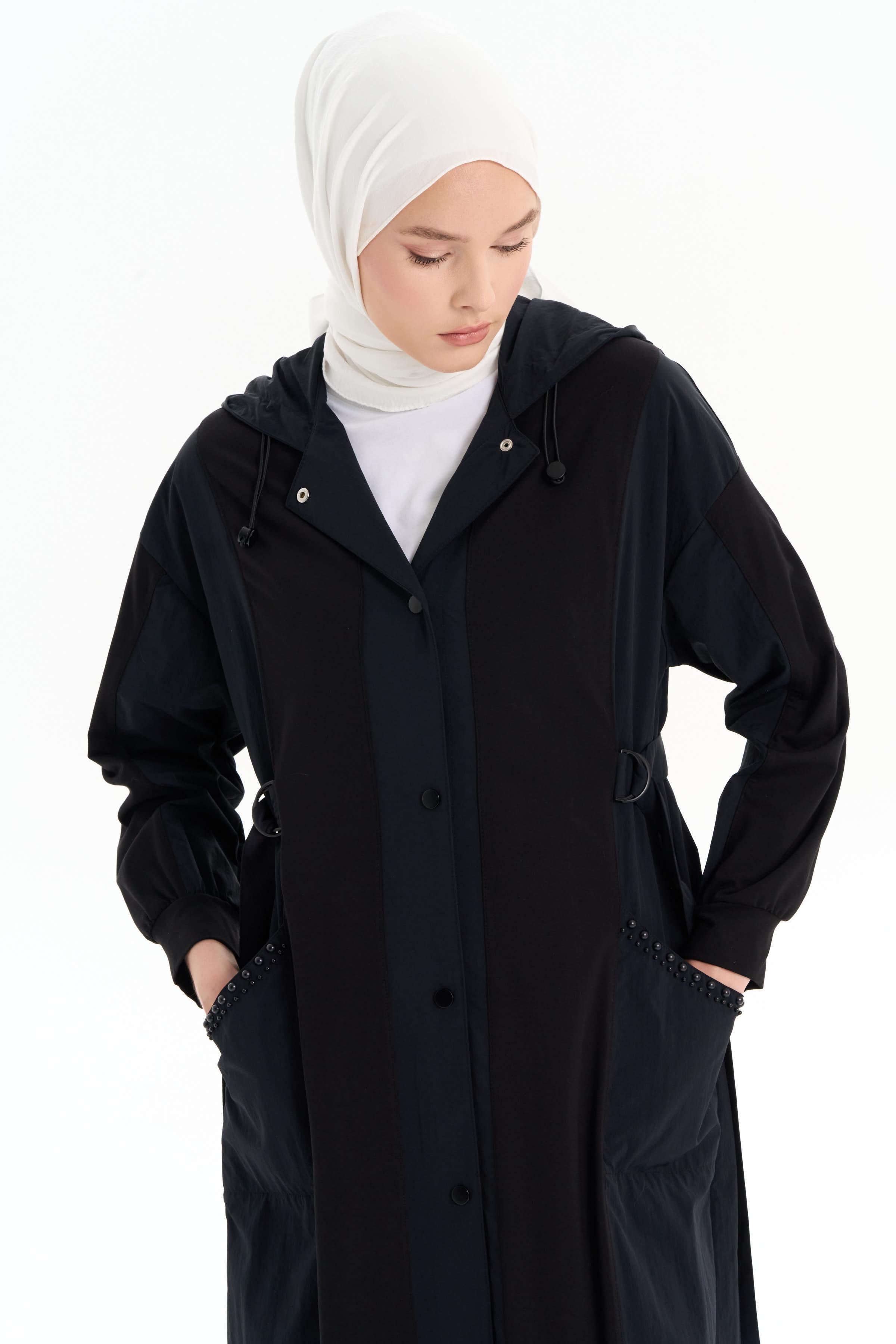 Cepler İnci Detaylı Garnili Pardesü - Siyah TUGBA