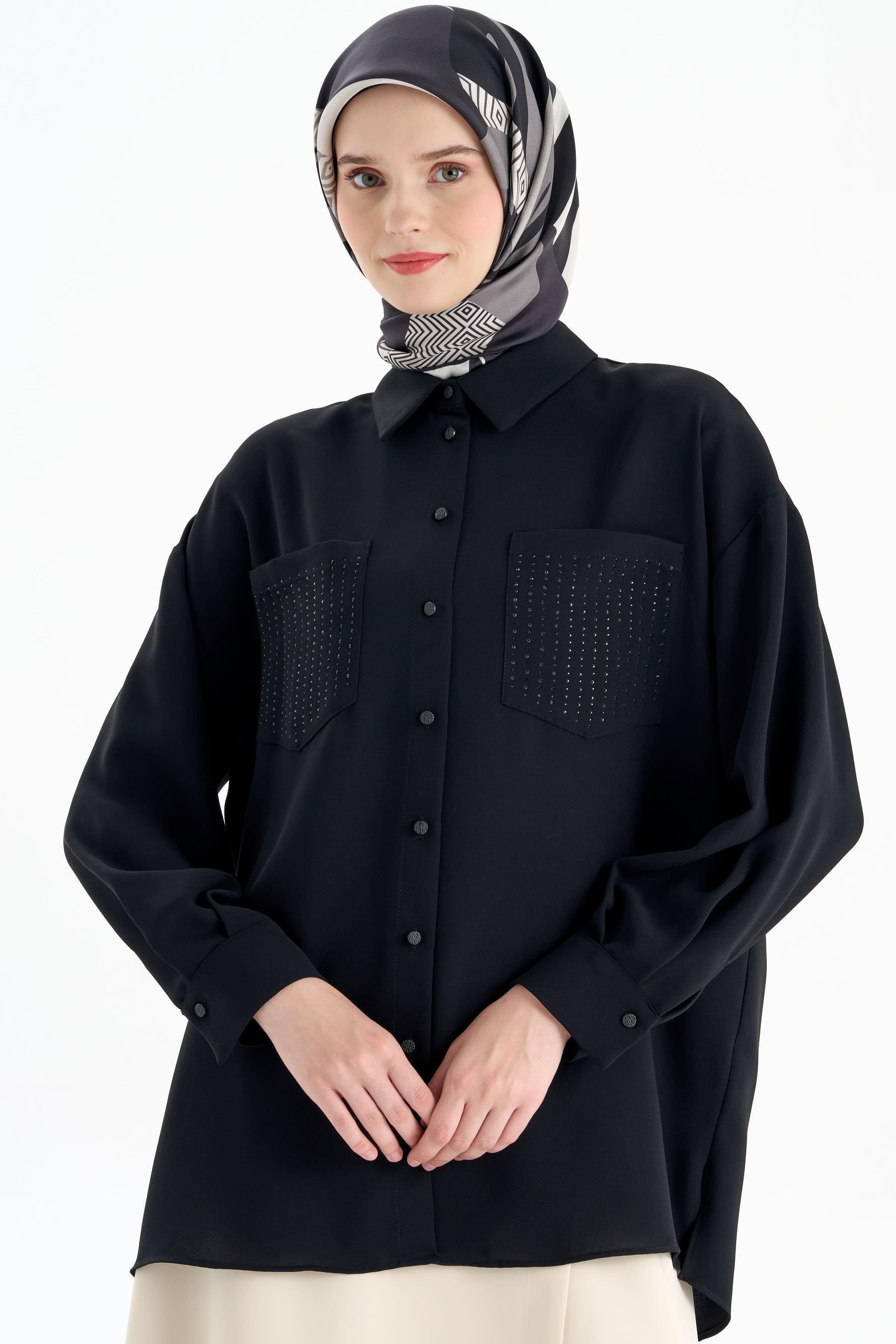 Cepler Taş Baskılı Gömlek - Siyah TUGBA