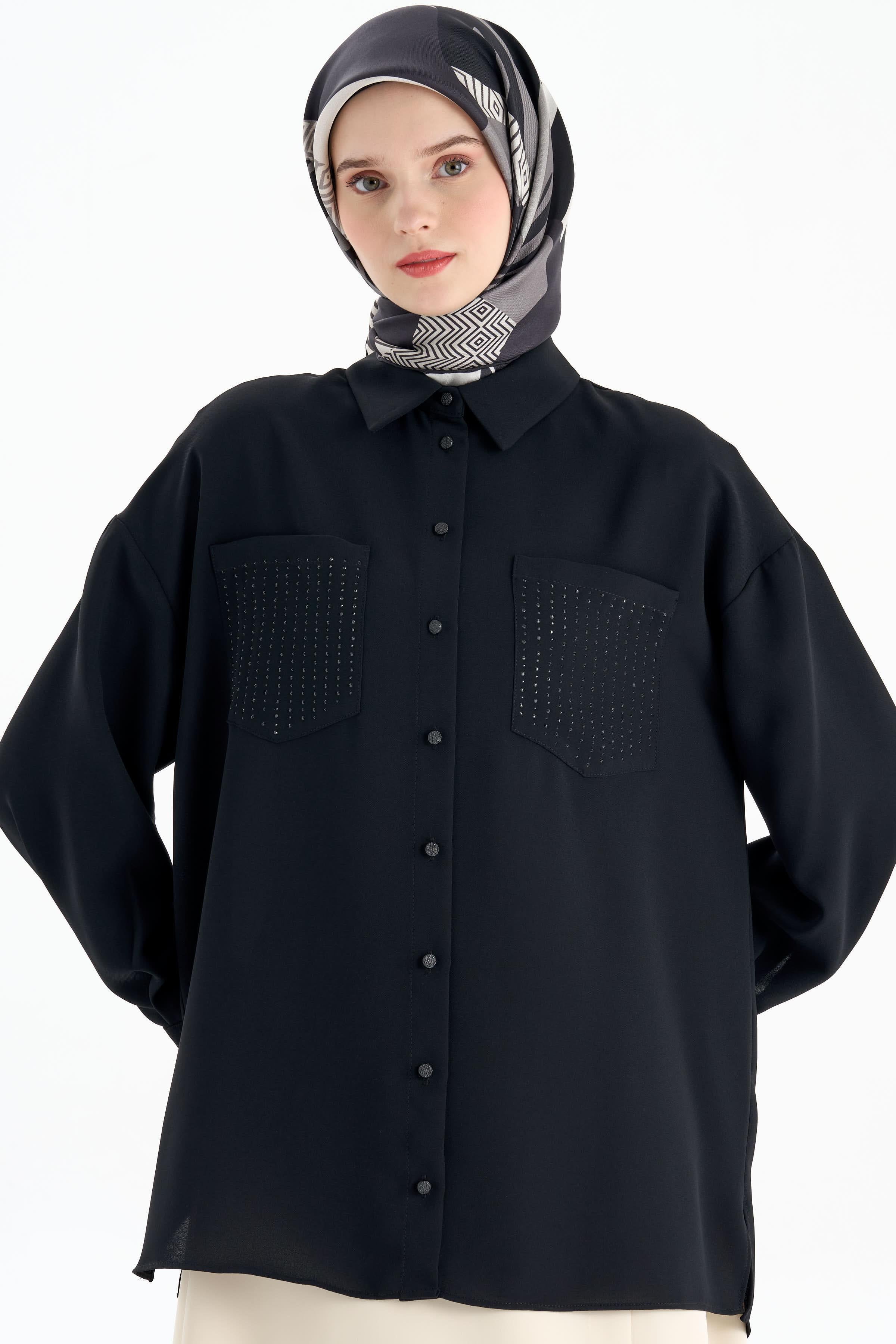 Cepler Taş Baskılı Gömlek - Siyah TUGBA