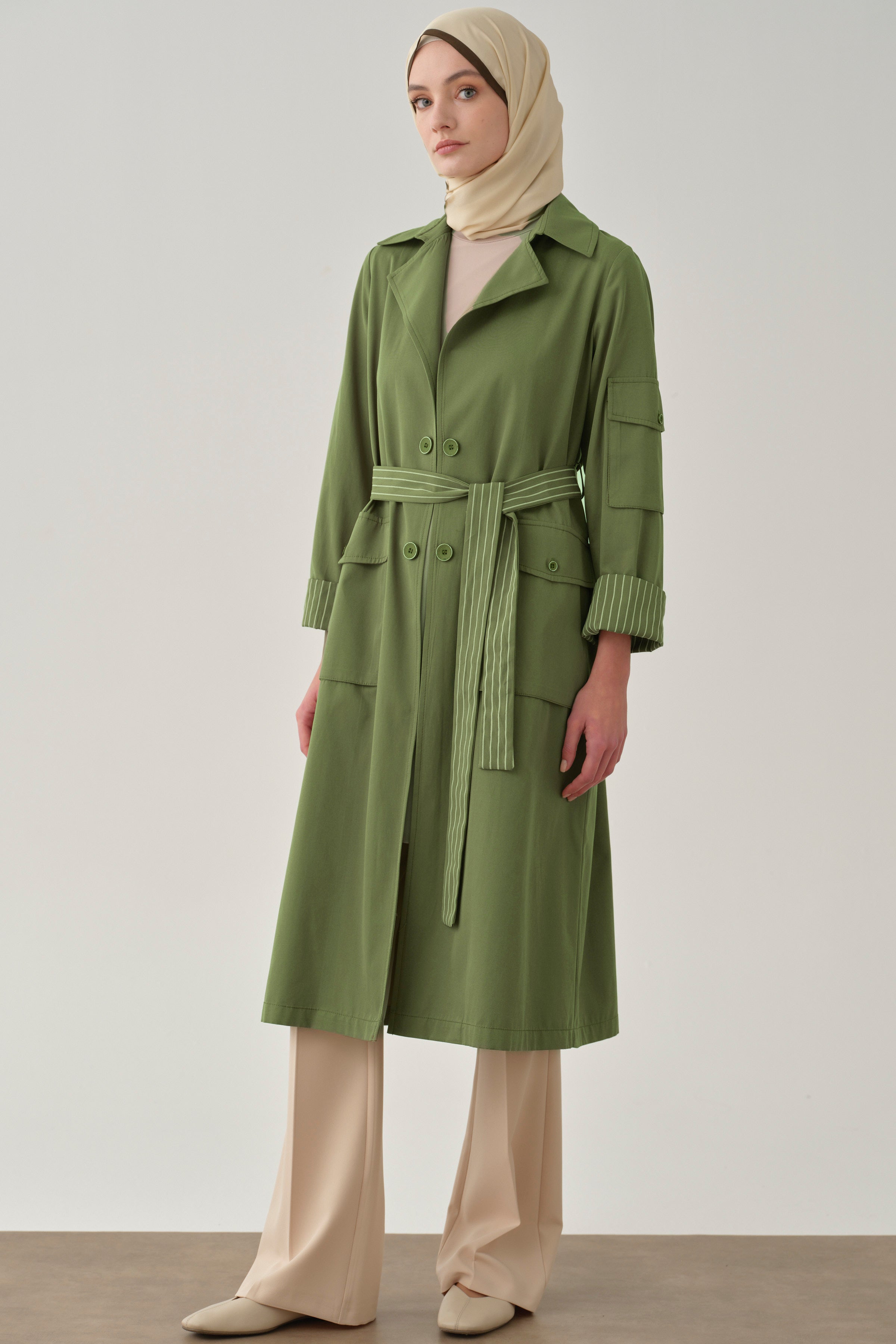 Cepli Çizgi Baskılı Trençkot - Olive TUGBA