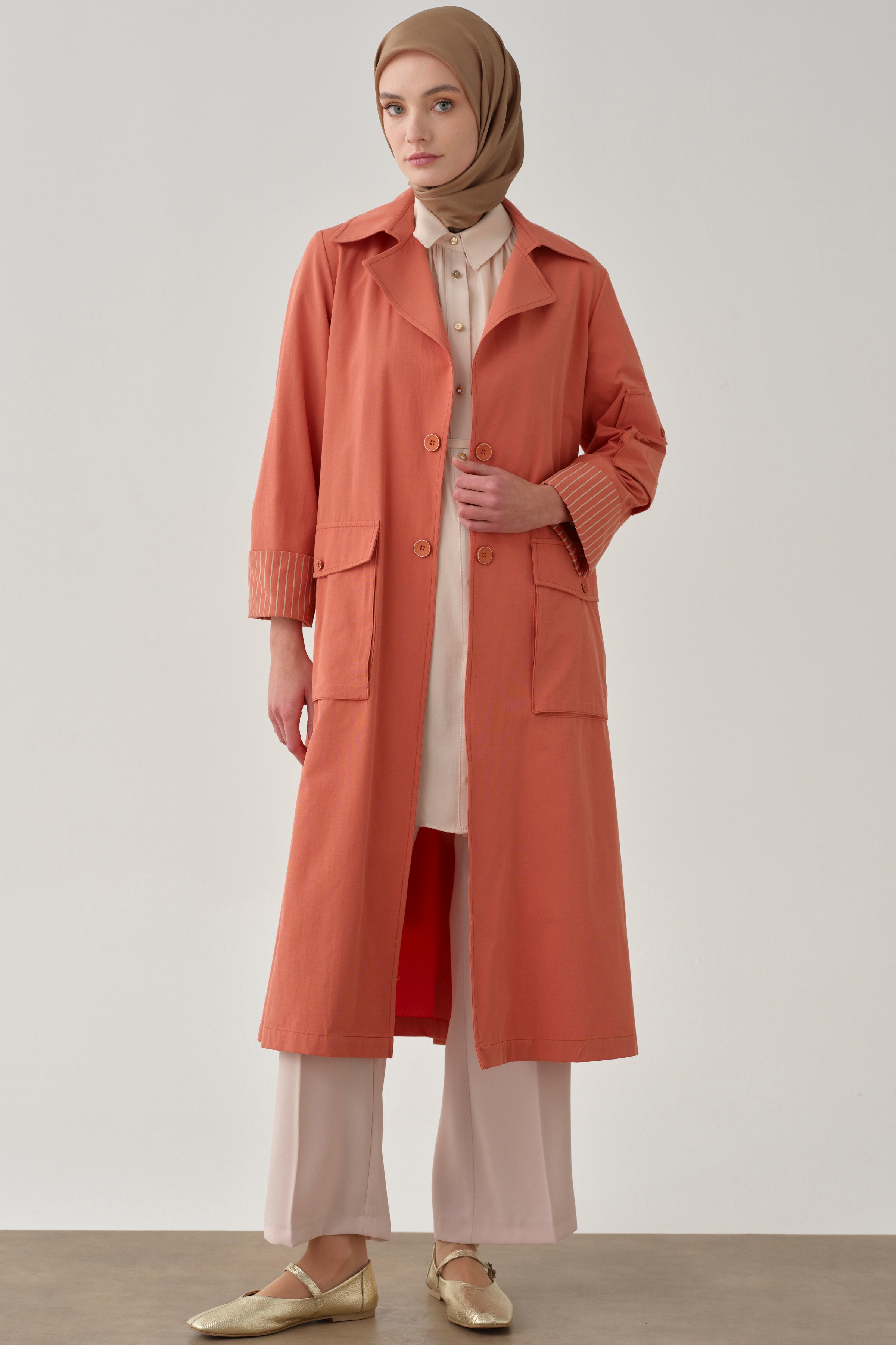 Cepli Çizgi Baskılı Trençkot - Oranj TUGBA