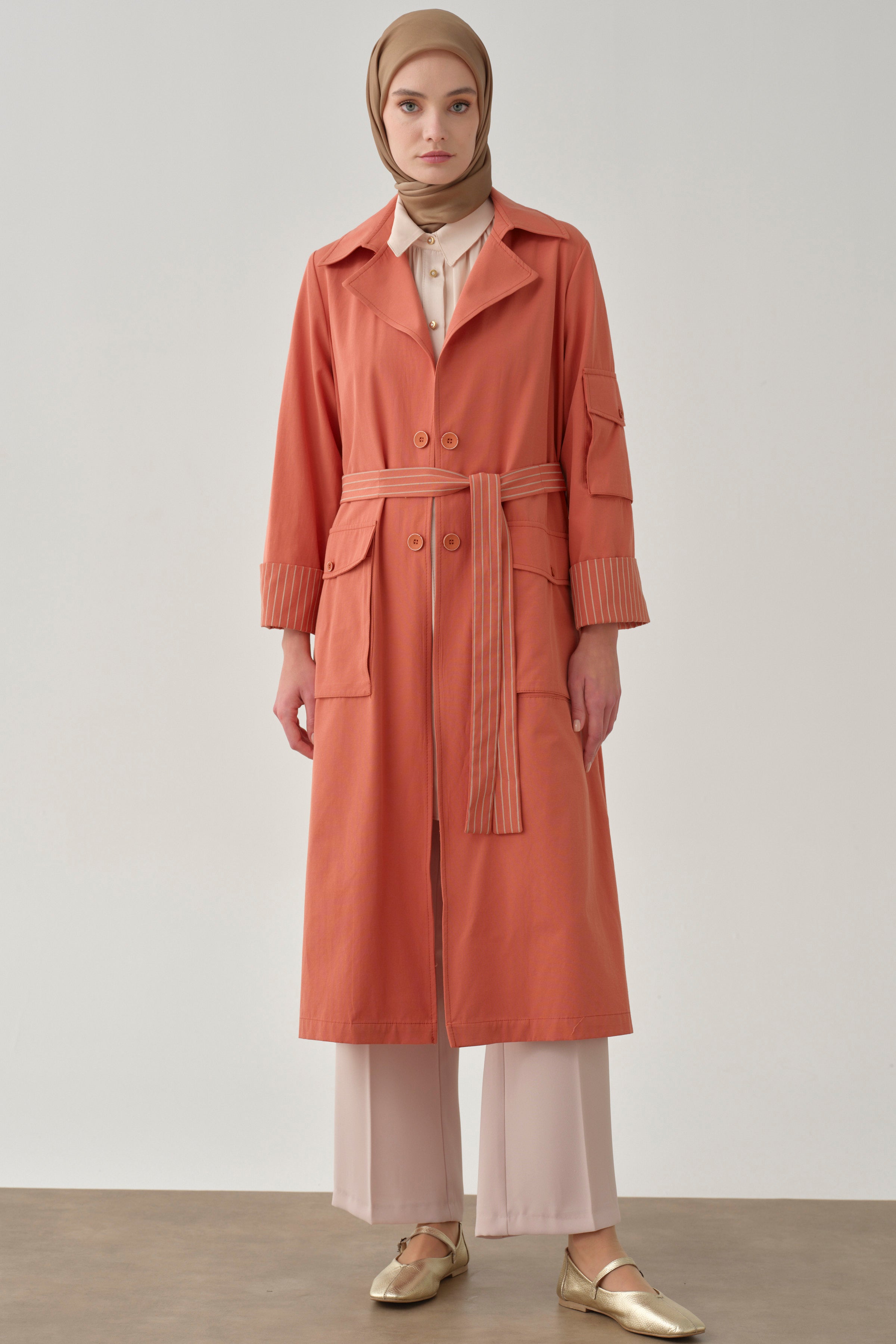 Cepli Çizgi Baskılı Trençkot - Oranj TUGBA