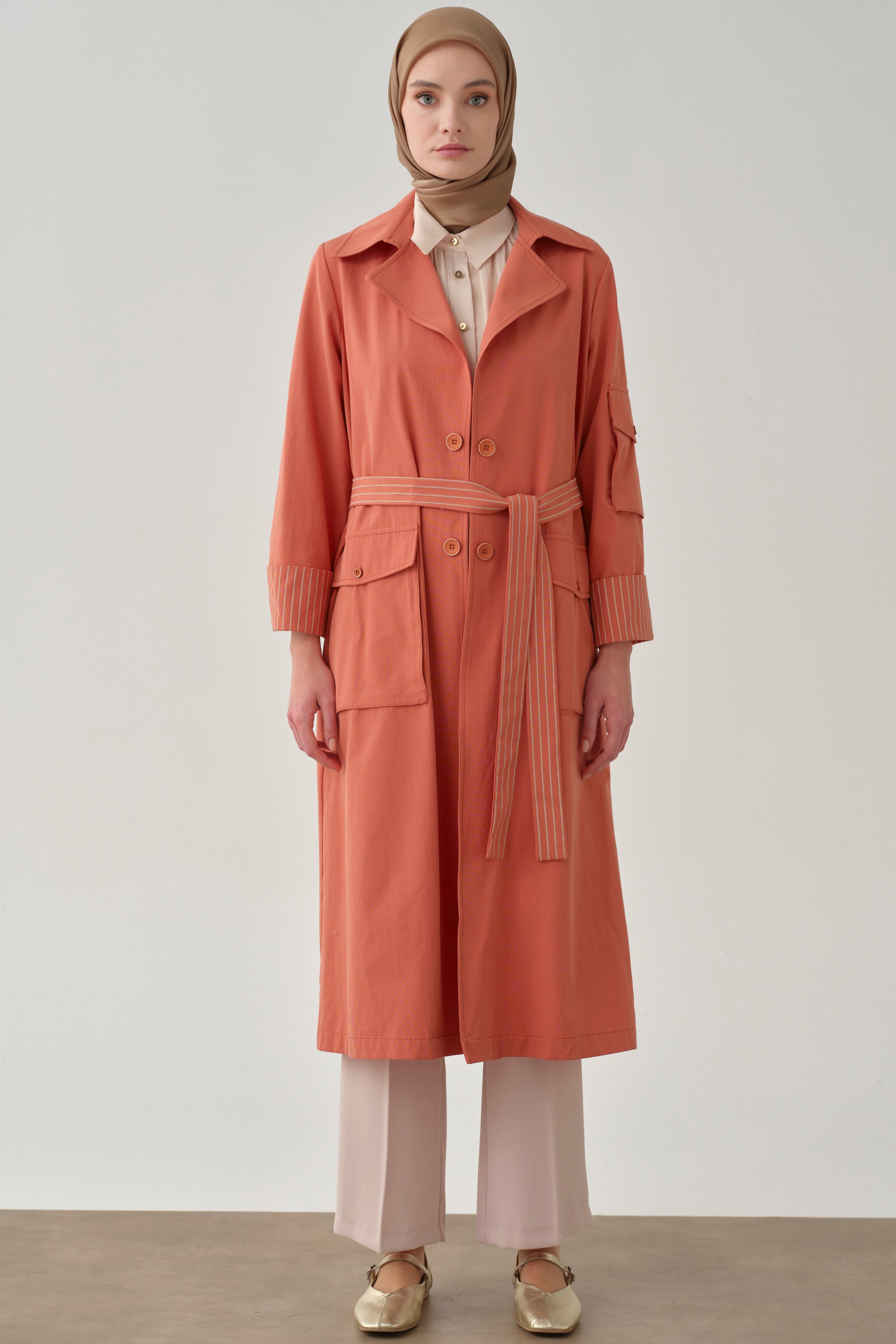 Cepli Çizgi Baskılı Trençkot - Oranj TUGBA