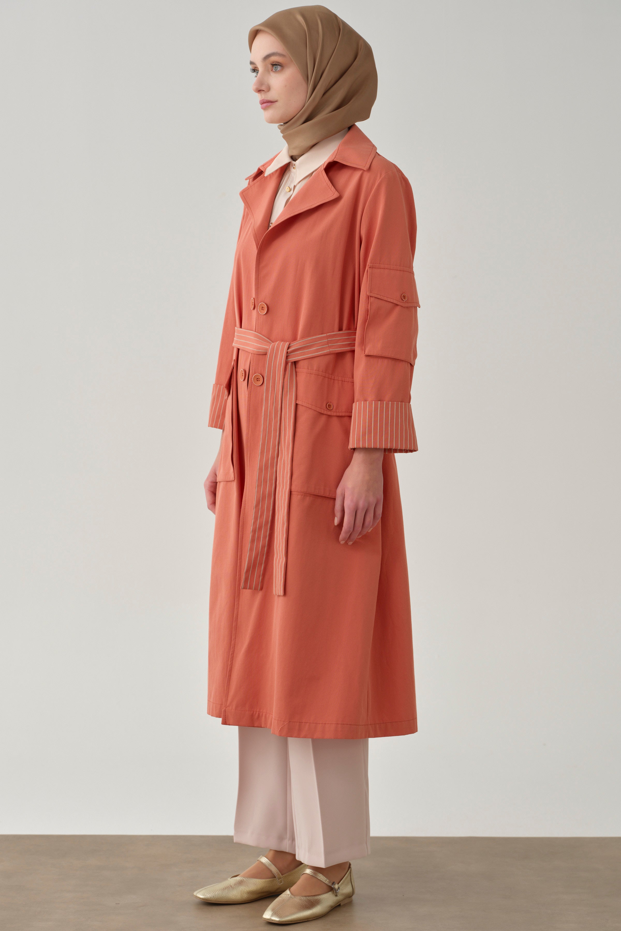 Cepli Çizgi Baskılı Trençkot - Oranj TUGBA