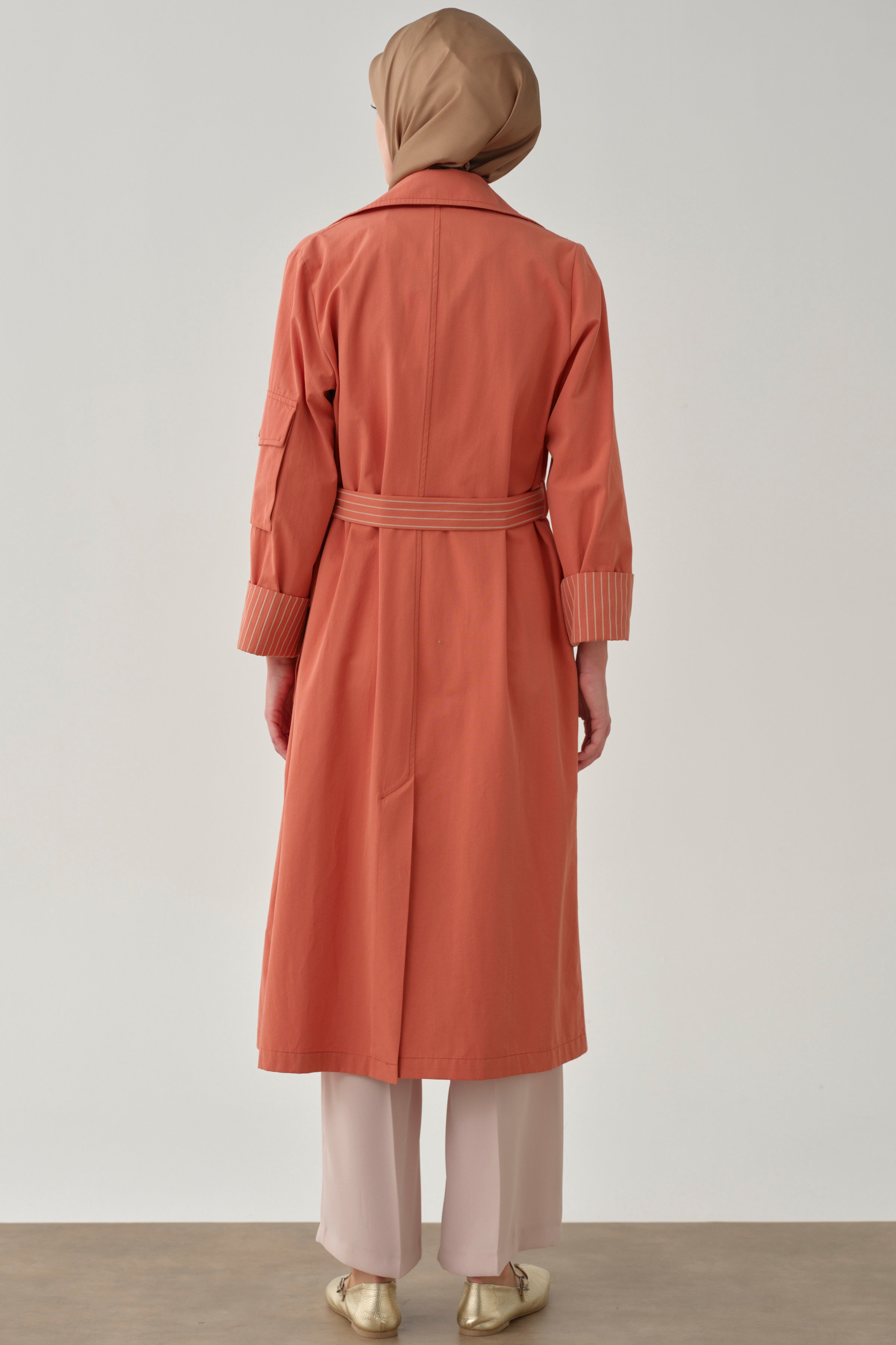 Cepli Çizgi Baskılı Trençkot - Oranj TUGBA