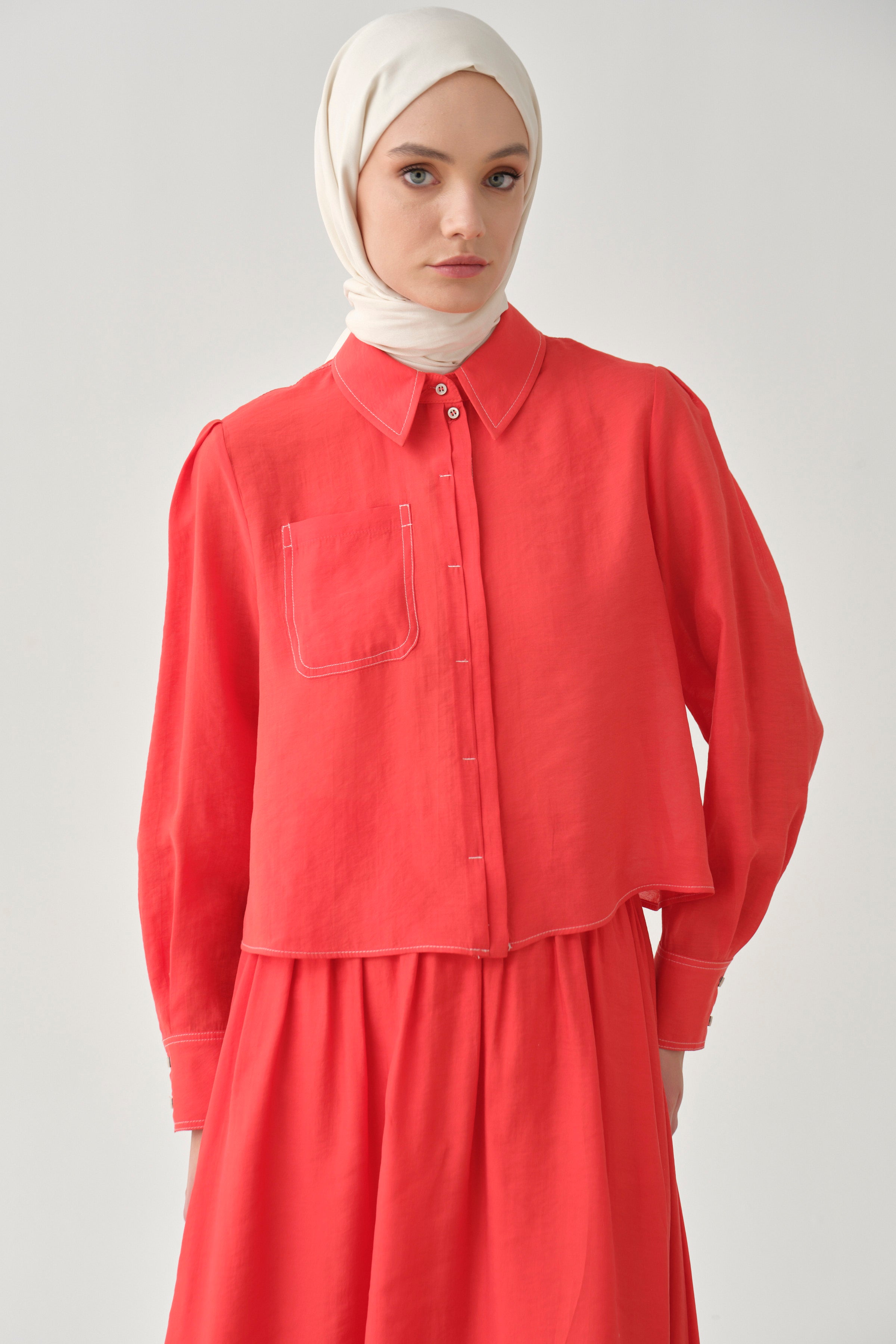 Cepli Crop Gömlek - Mercan TUGBA