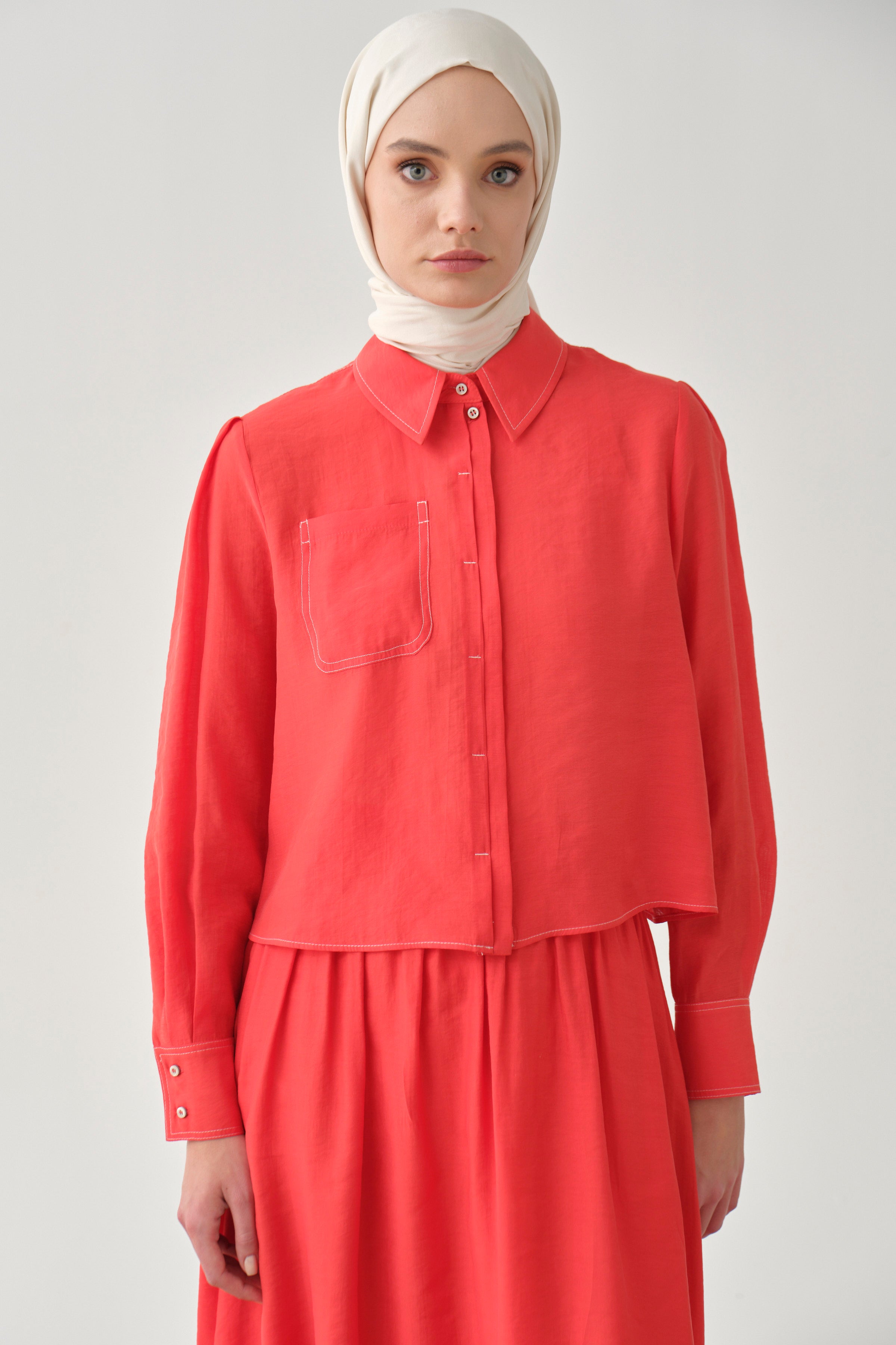 Cepli Crop Gömlek - Mercan TUGBA