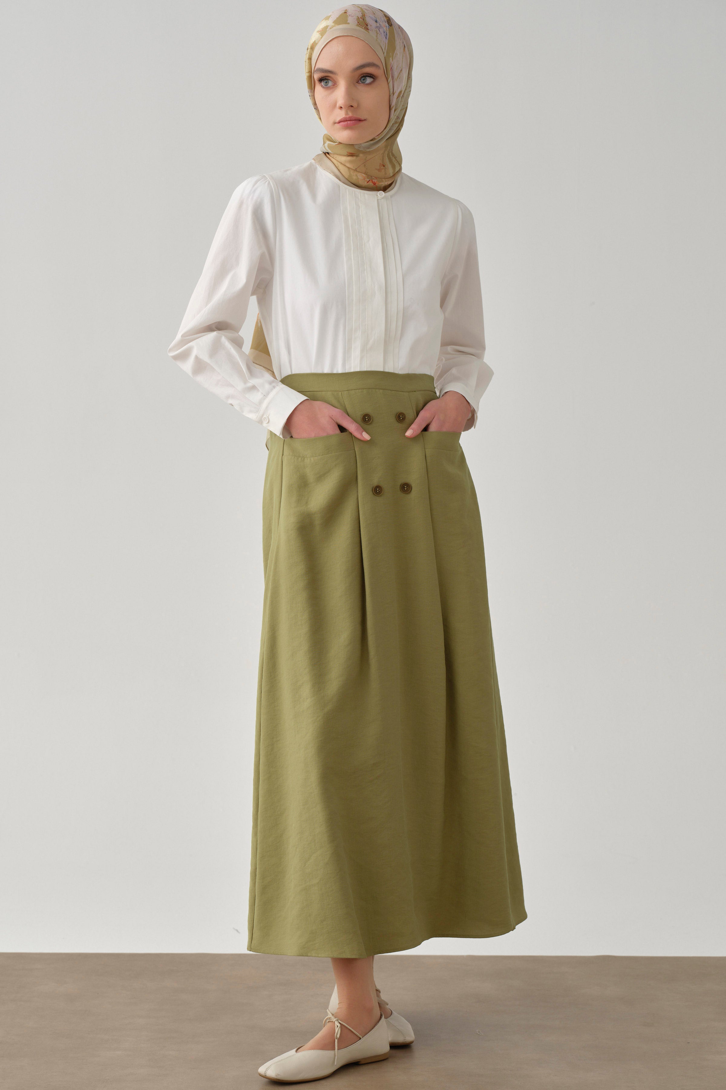 Cepli Düğme Detaylı Etek - Olive TUGBA