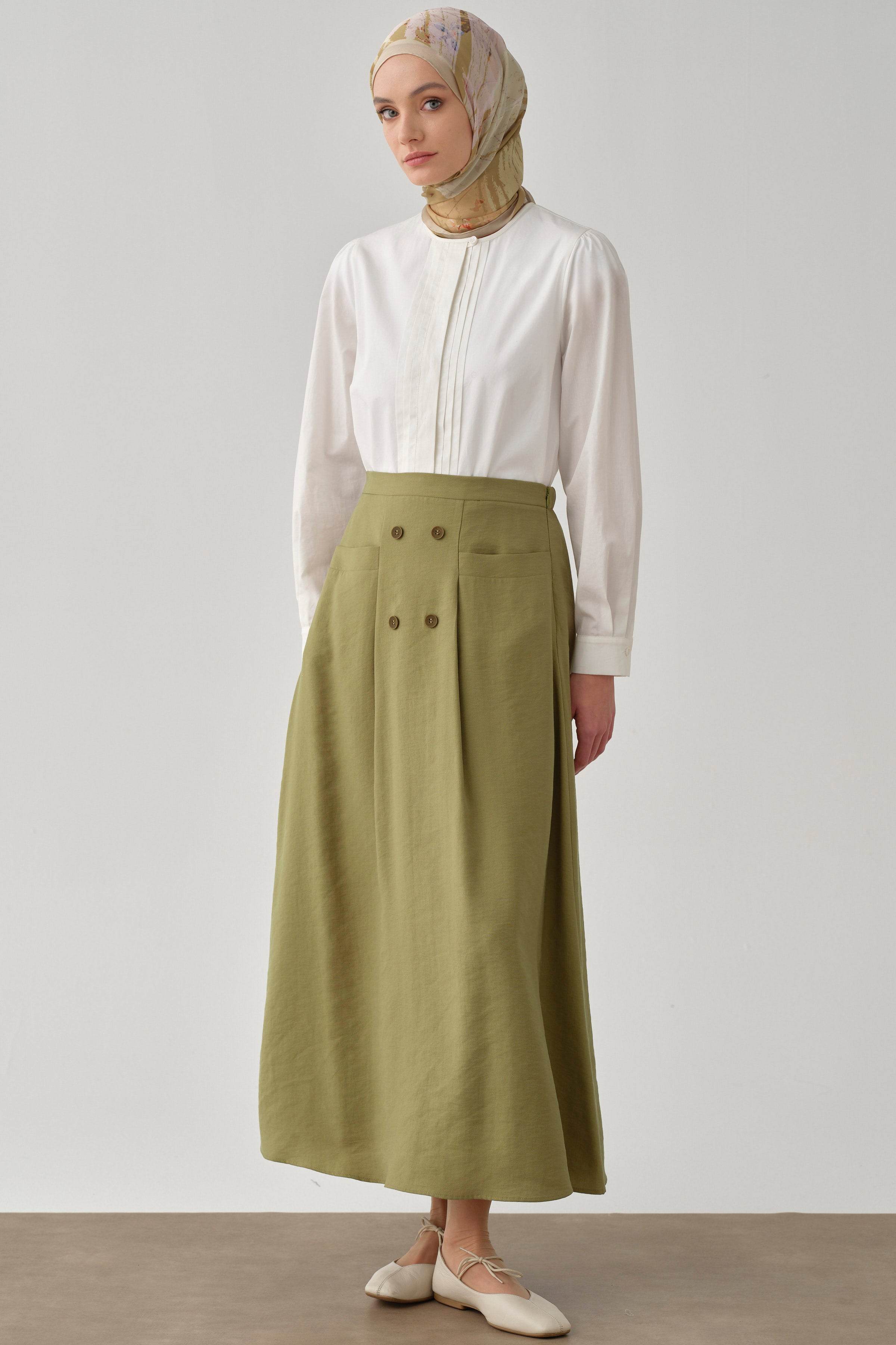 Cepli Düğme Detaylı Etek - Olive TUGBA