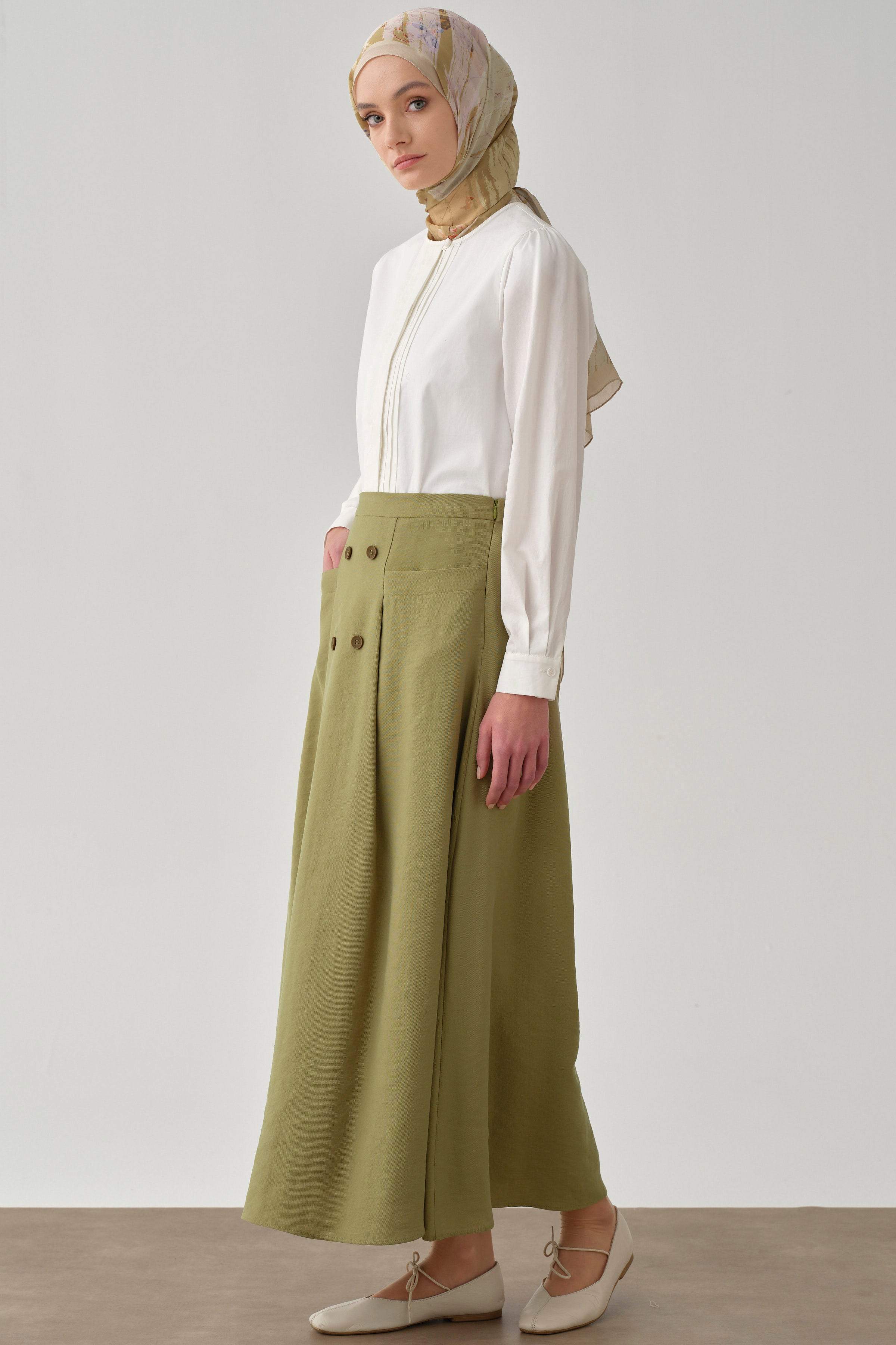 Cepli Düğme Detaylı Etek - Olive TUGBA