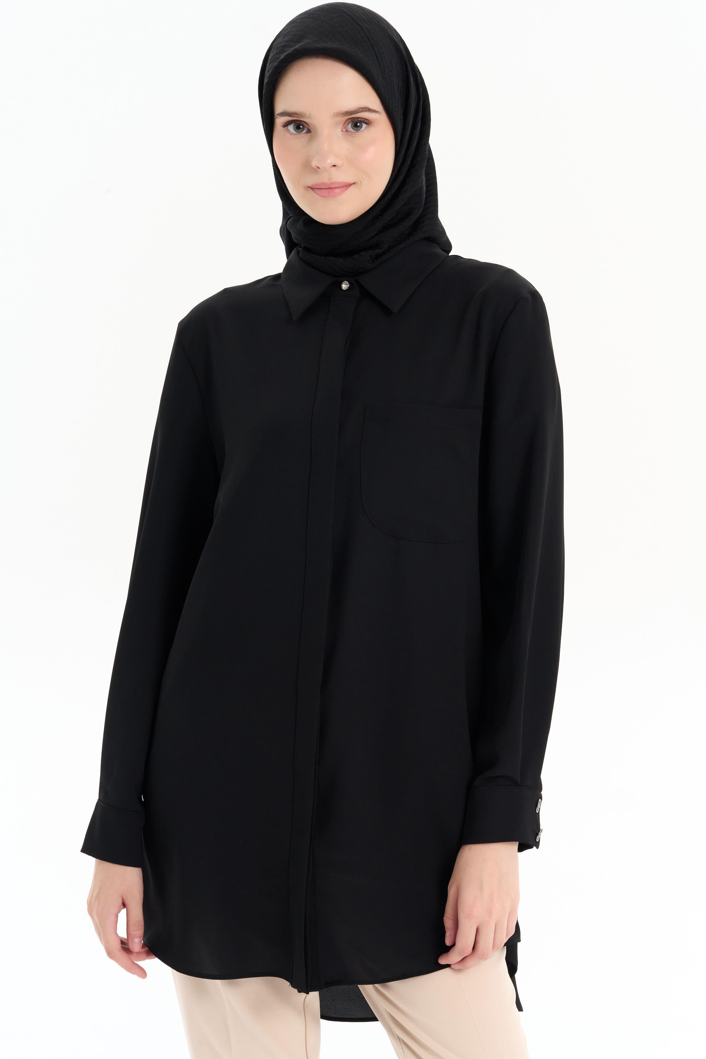 Cepli Düşük Kol Gömlek - Siyah TUGBA