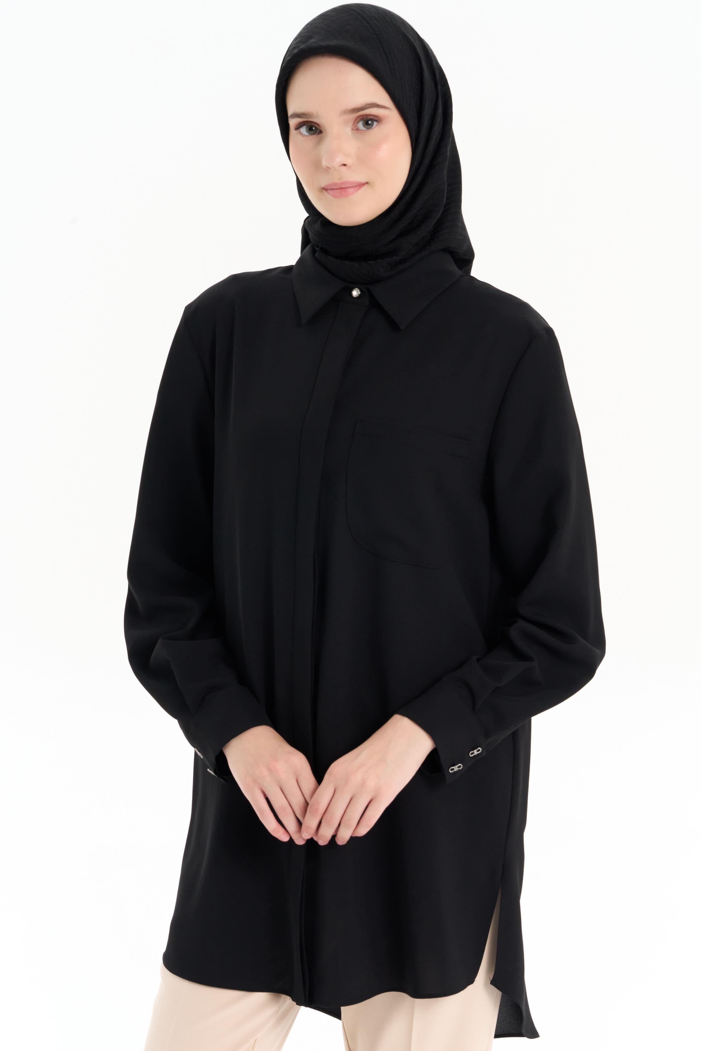 Cepli Düşük Kol Gömlek - Siyah TUGBA