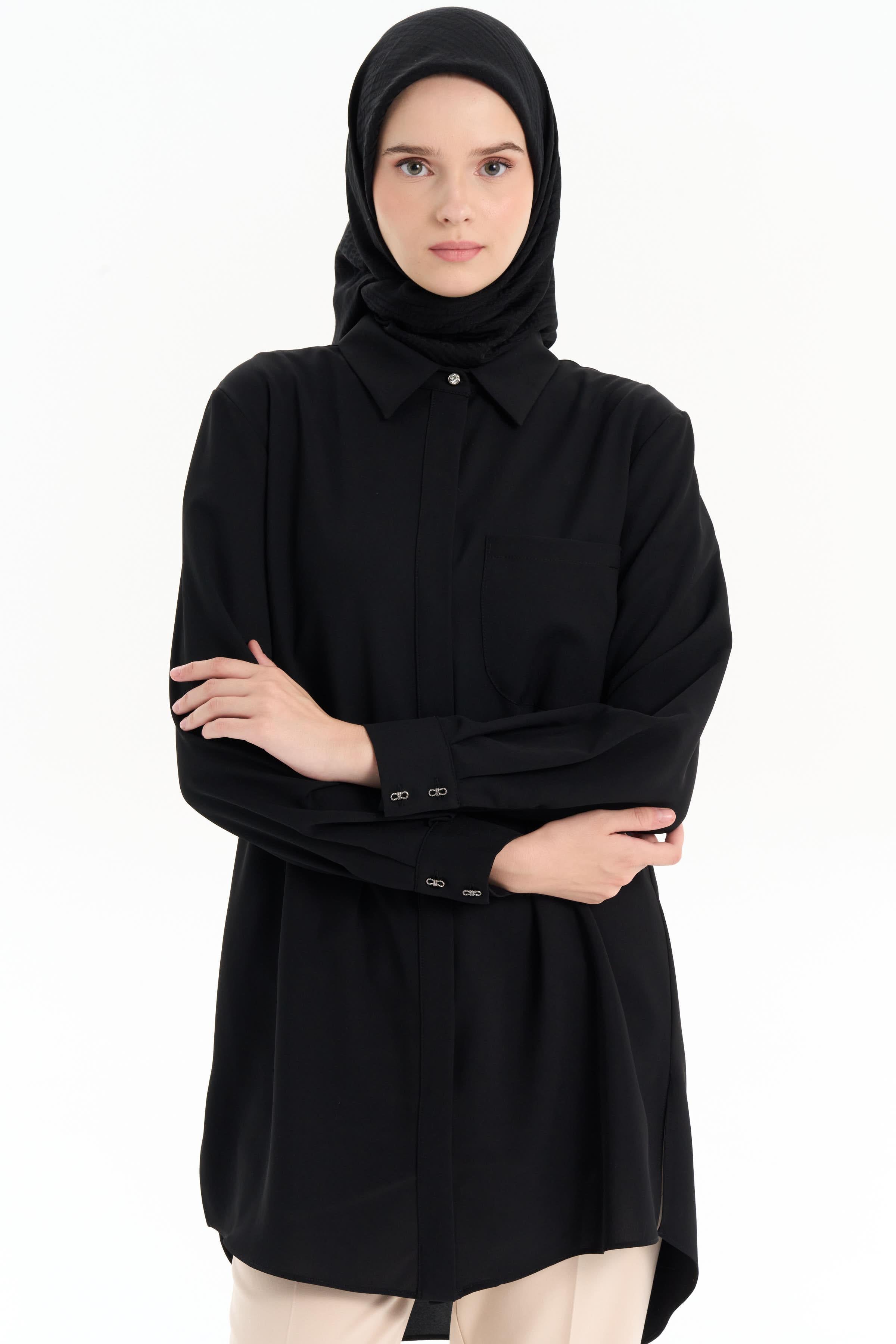 Cepli Düşük Kol Gömlek - Siyah TUGBA