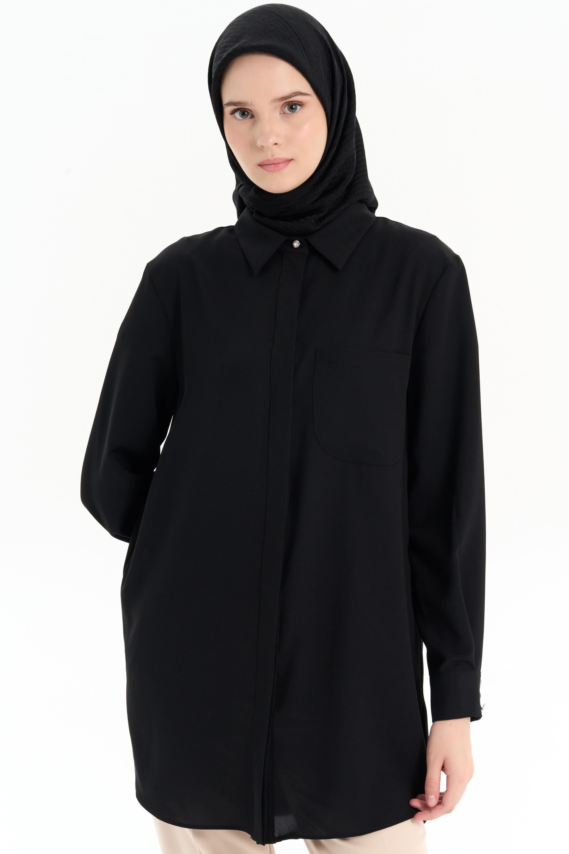 Cepli Düşük Kol Gömlek - Siyah TUGBA