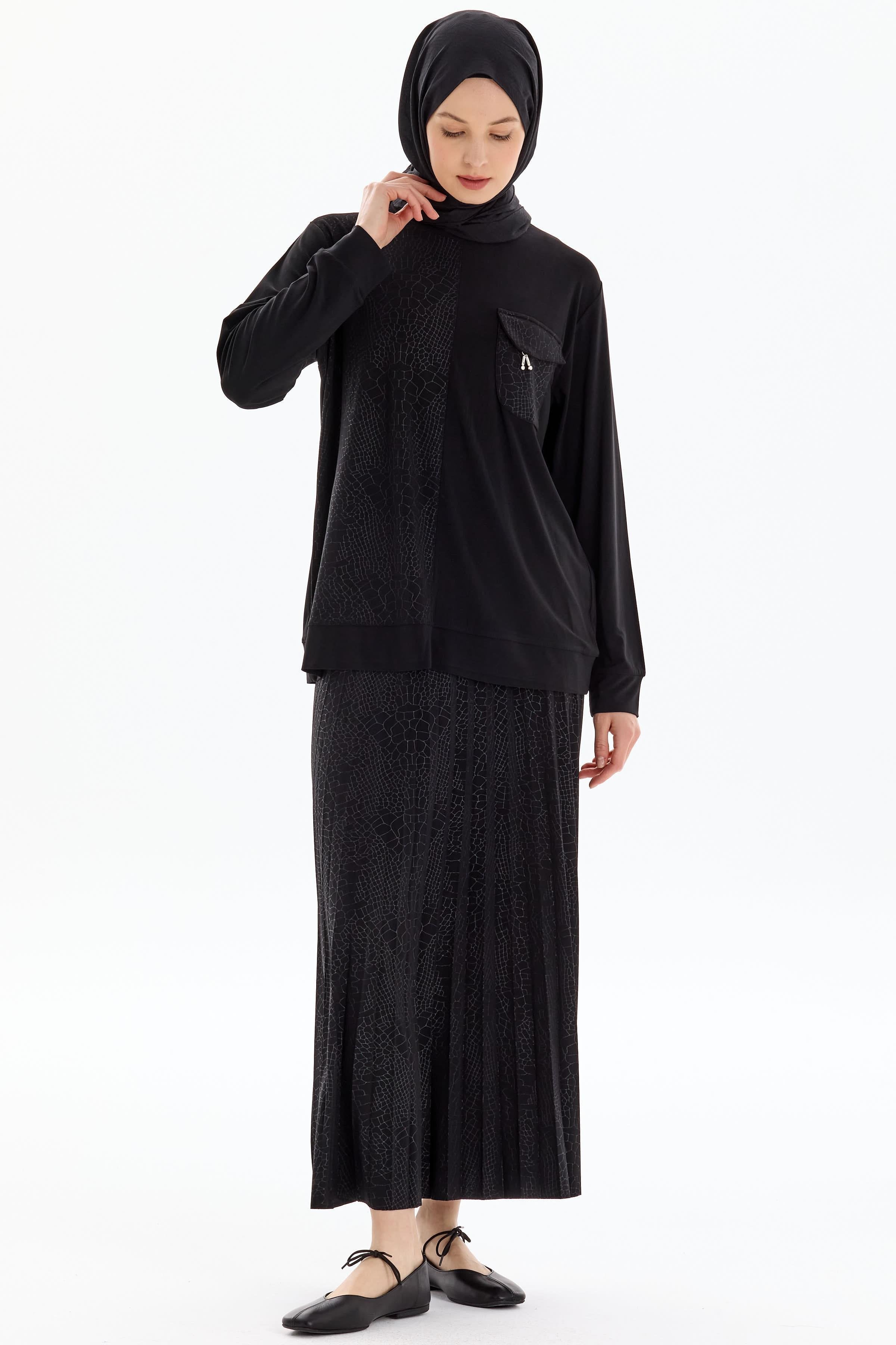 Cepli Garnili Bluz Etek Örme Takım - Siyah TUGBA