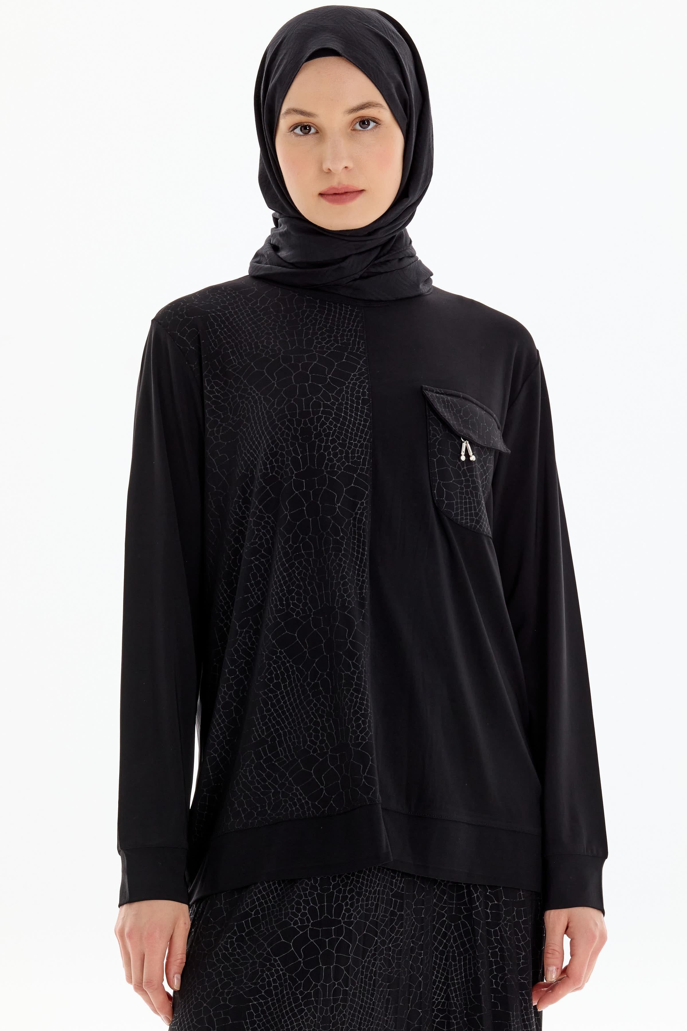 Cepli Garnili Bluz Etek Örme Takım - Siyah TUGBA