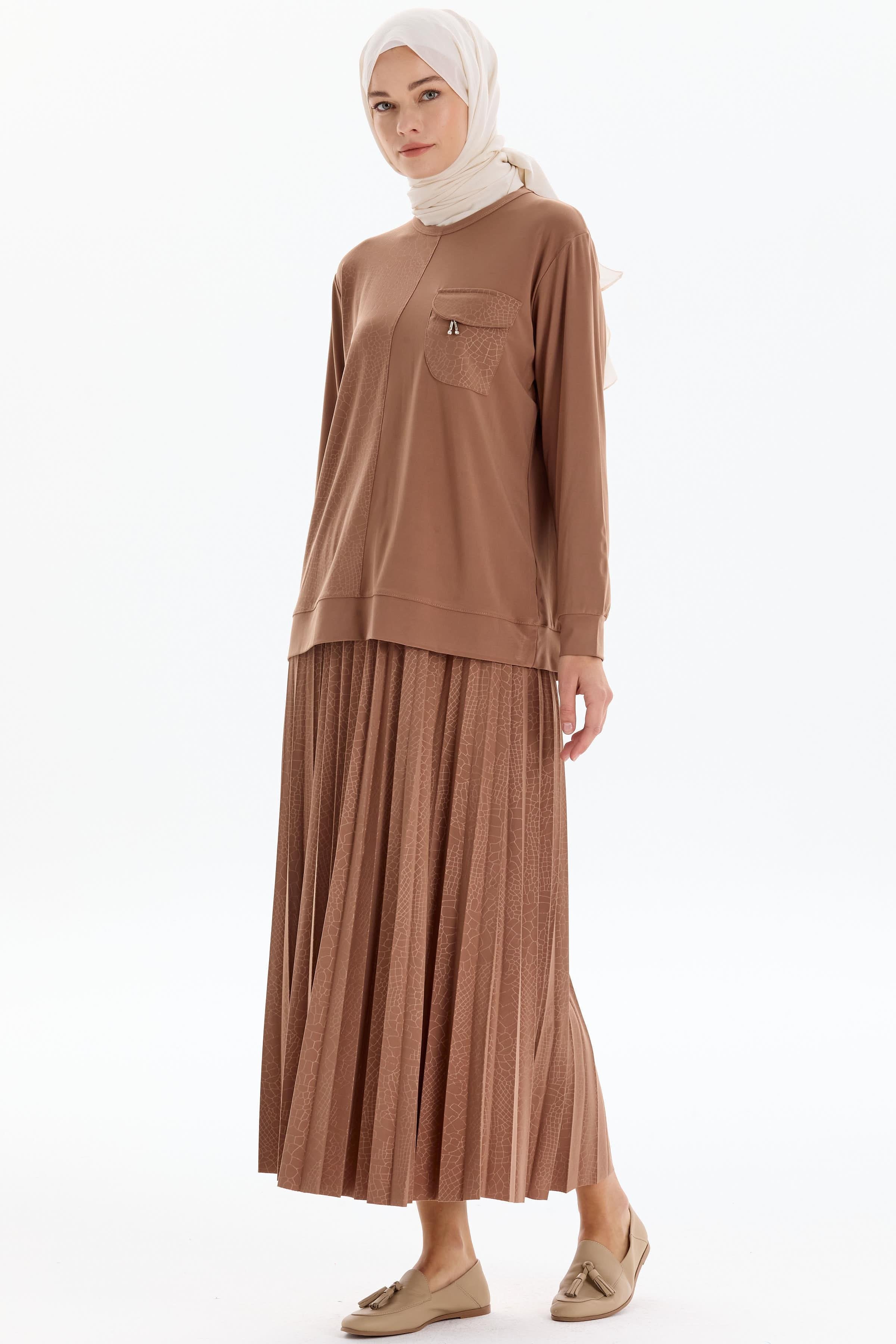 Cepli Garnili Bluz Etek Örme Takım - Vizon TUGBA