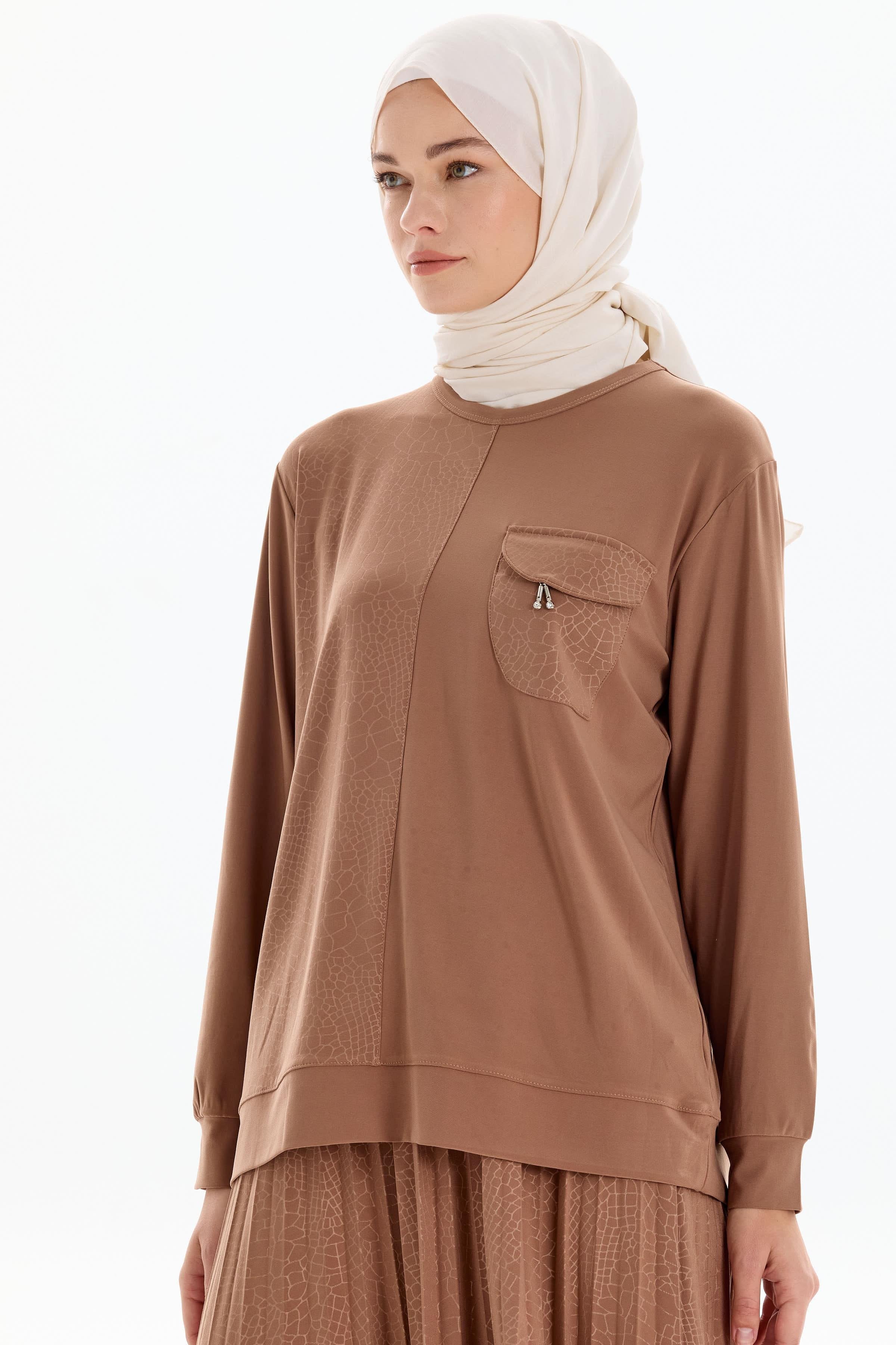 Cepli Garnili Bluz Etek Örme Takım - Vizon TUGBA