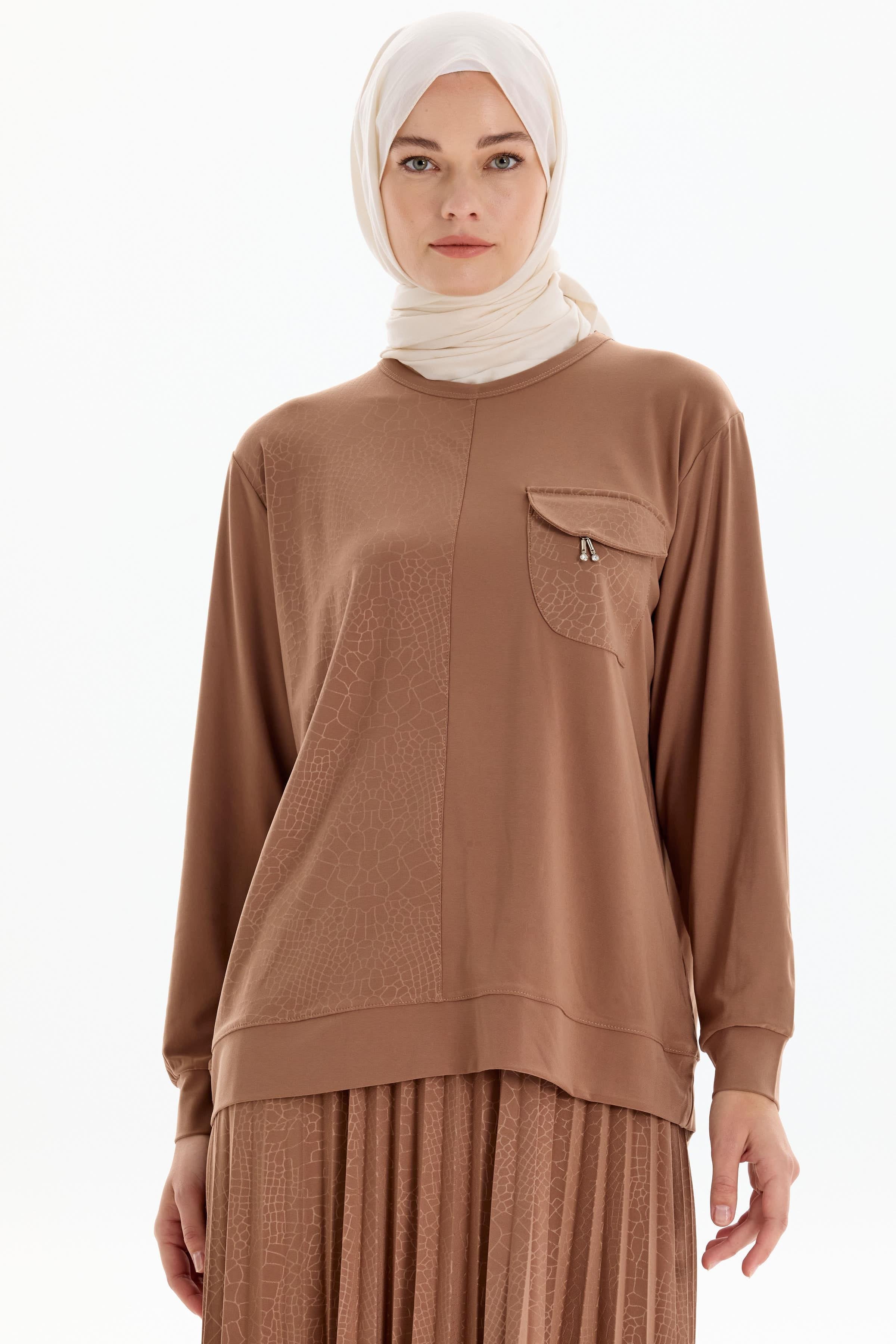 Cepli Garnili Bluz Etek Örme Takım - Vizon TUGBA