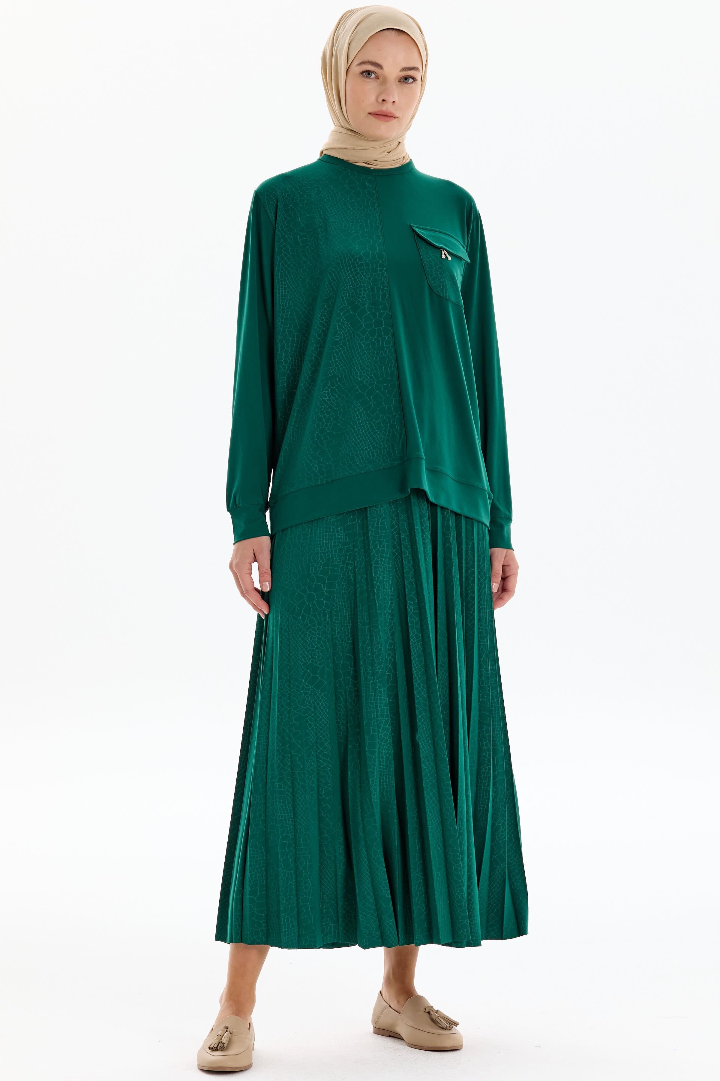 Cepli Garnili Bluz Etek Örme Takım - Yeşil TUGBA
