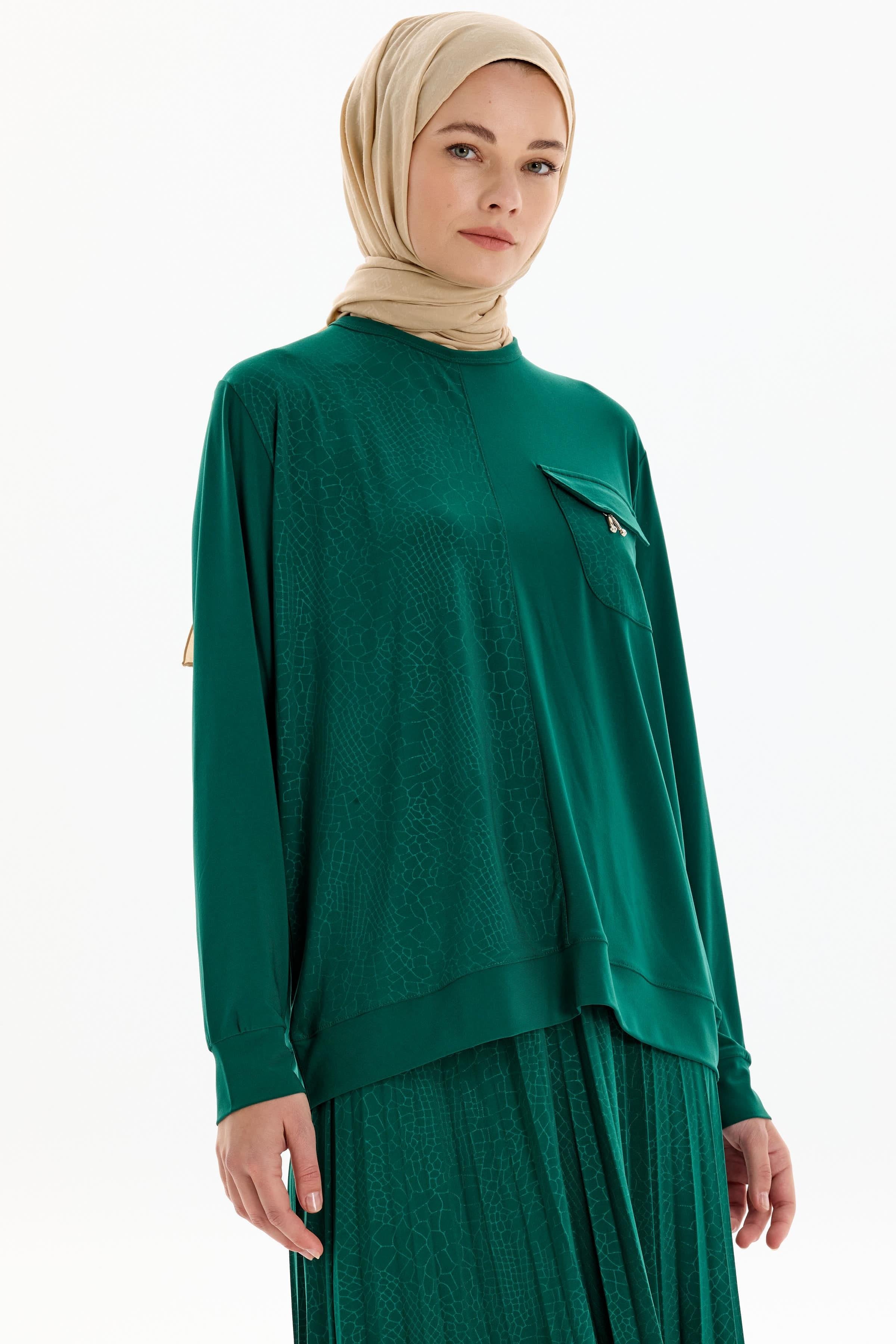 Cepli Garnili Bluz Etek Örme Takım - Yeşil TUGBA