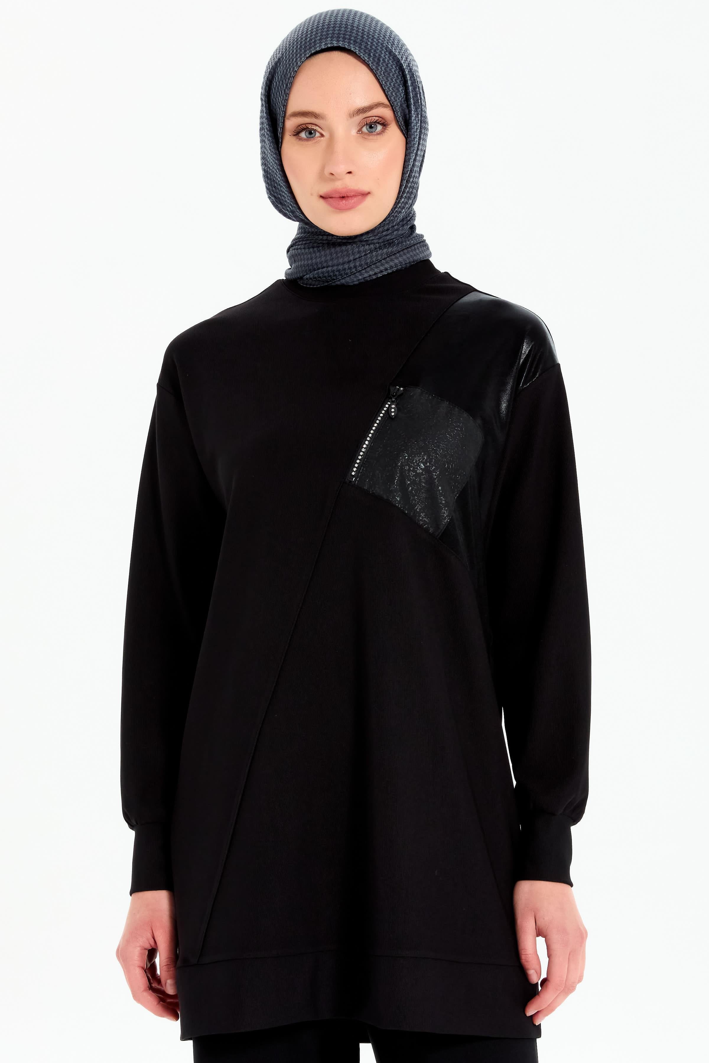 Cepli Garnili Örme Sweat - Siyah TUGBA