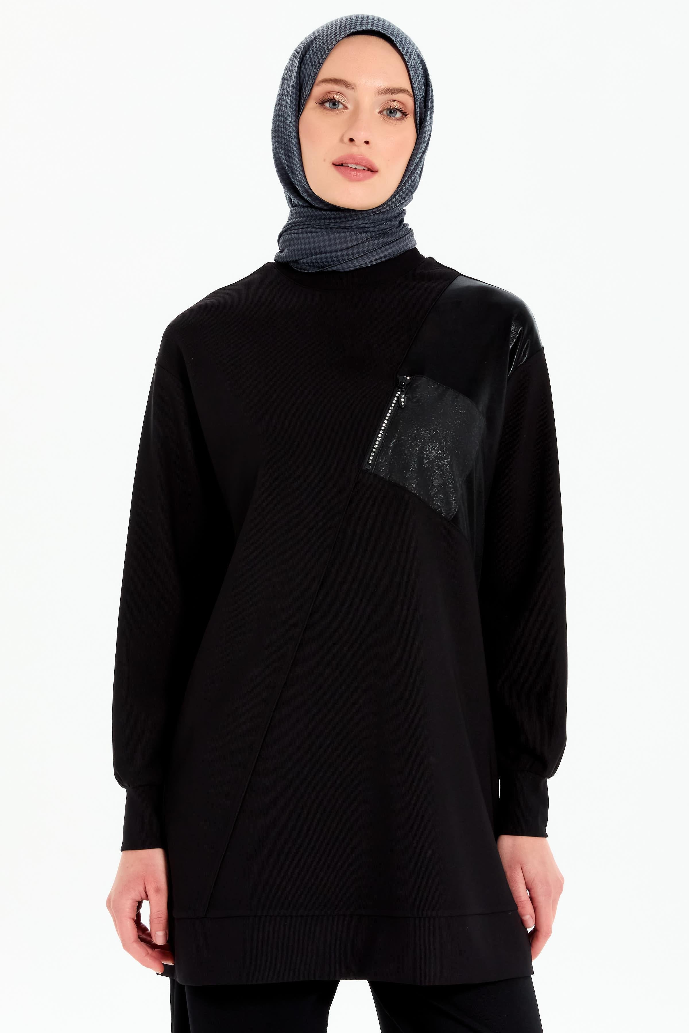 Cepli Garnili Örme Sweat - Siyah TUGBA