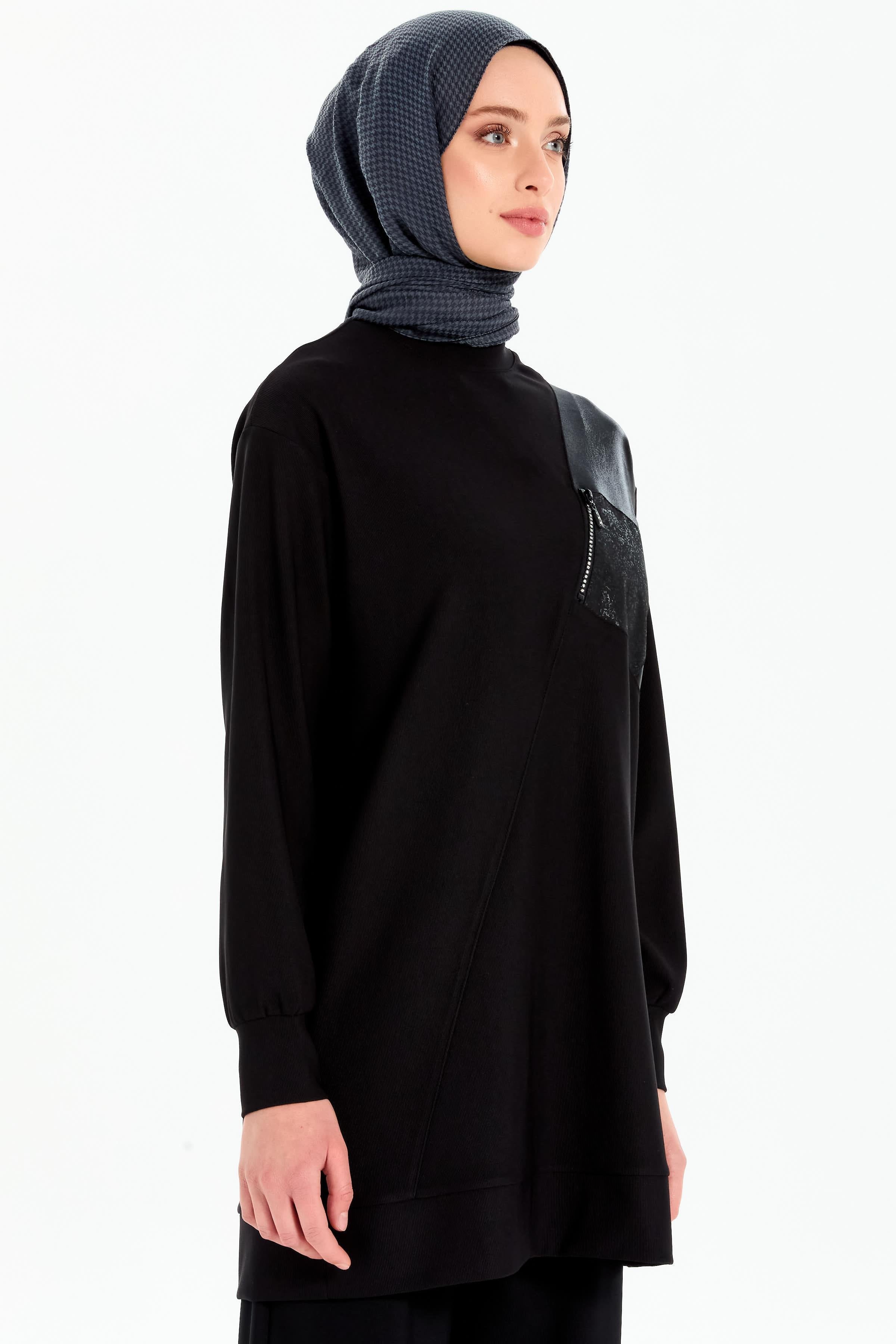 Cepli Garnili Örme Sweat - Siyah TUGBA