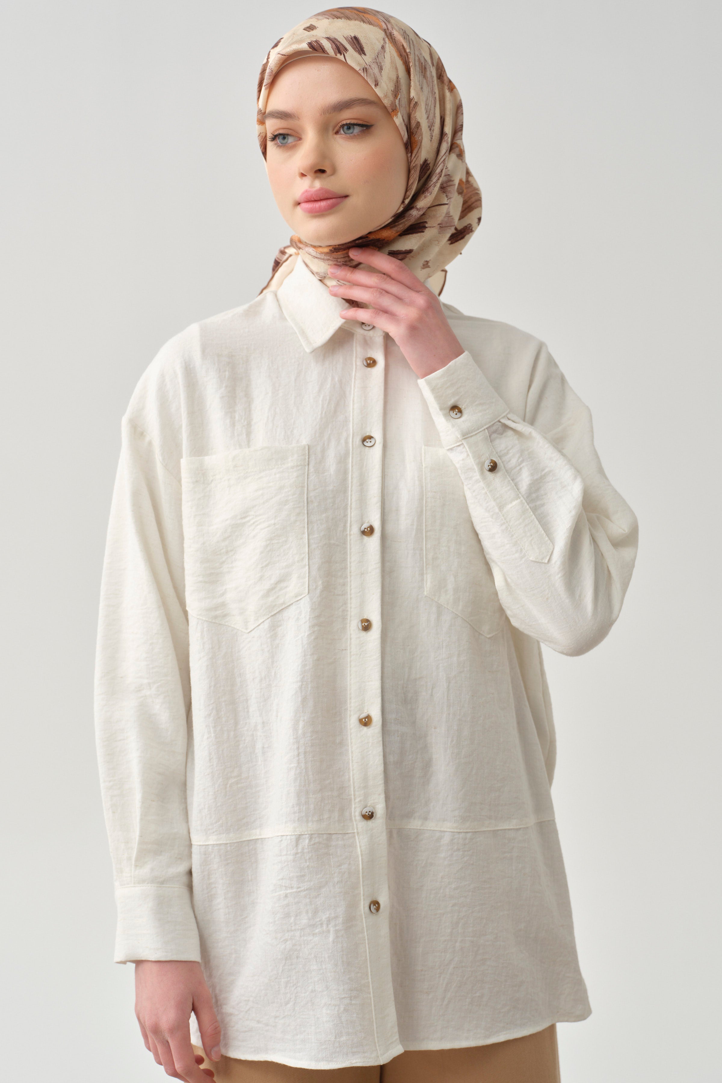 Cepli Kesik Detaylı Tunik - Ekru TUGBA