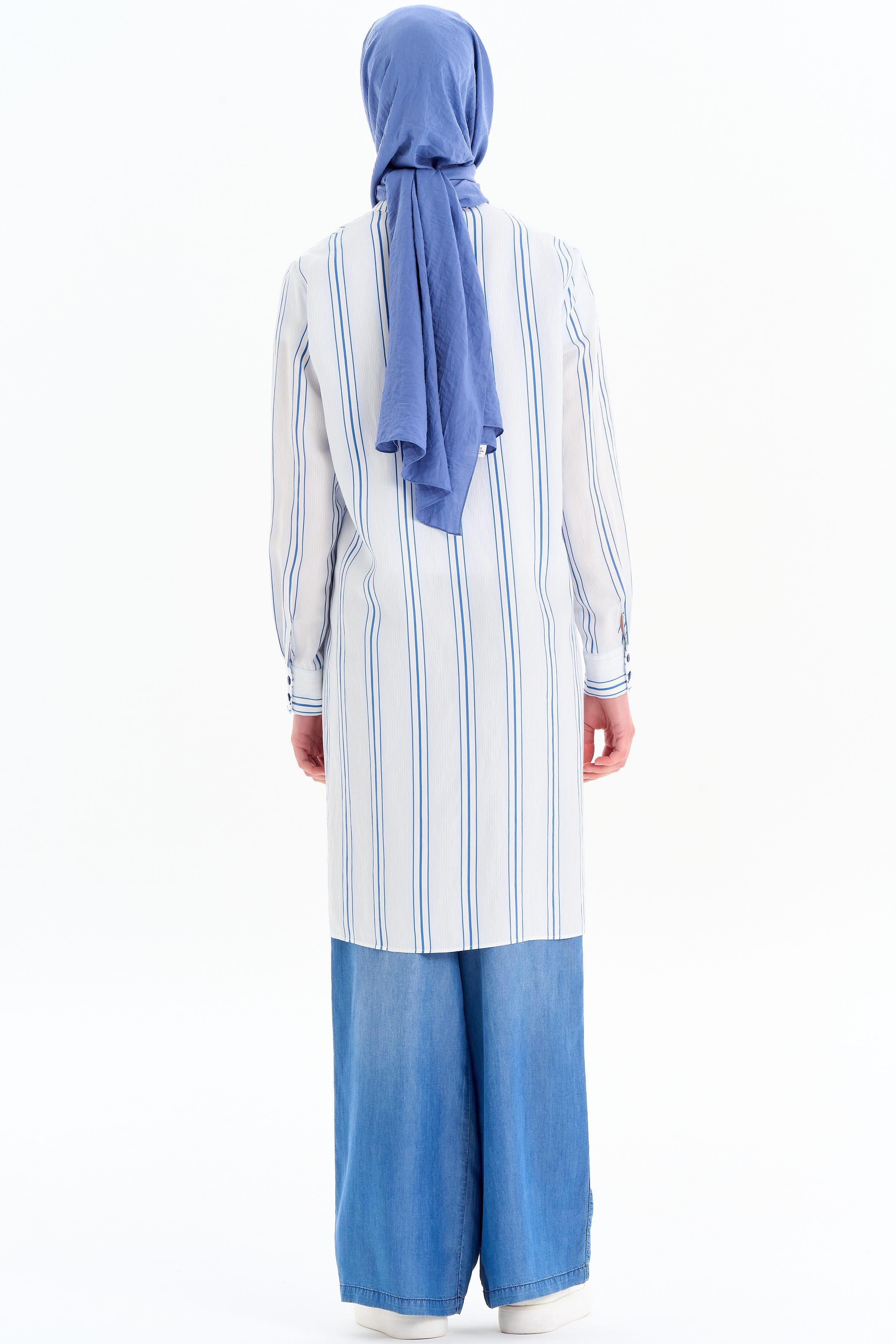 Cepli Yırtmaç Detaylı Çizgili Tunik - Açık Mavi TUGBA