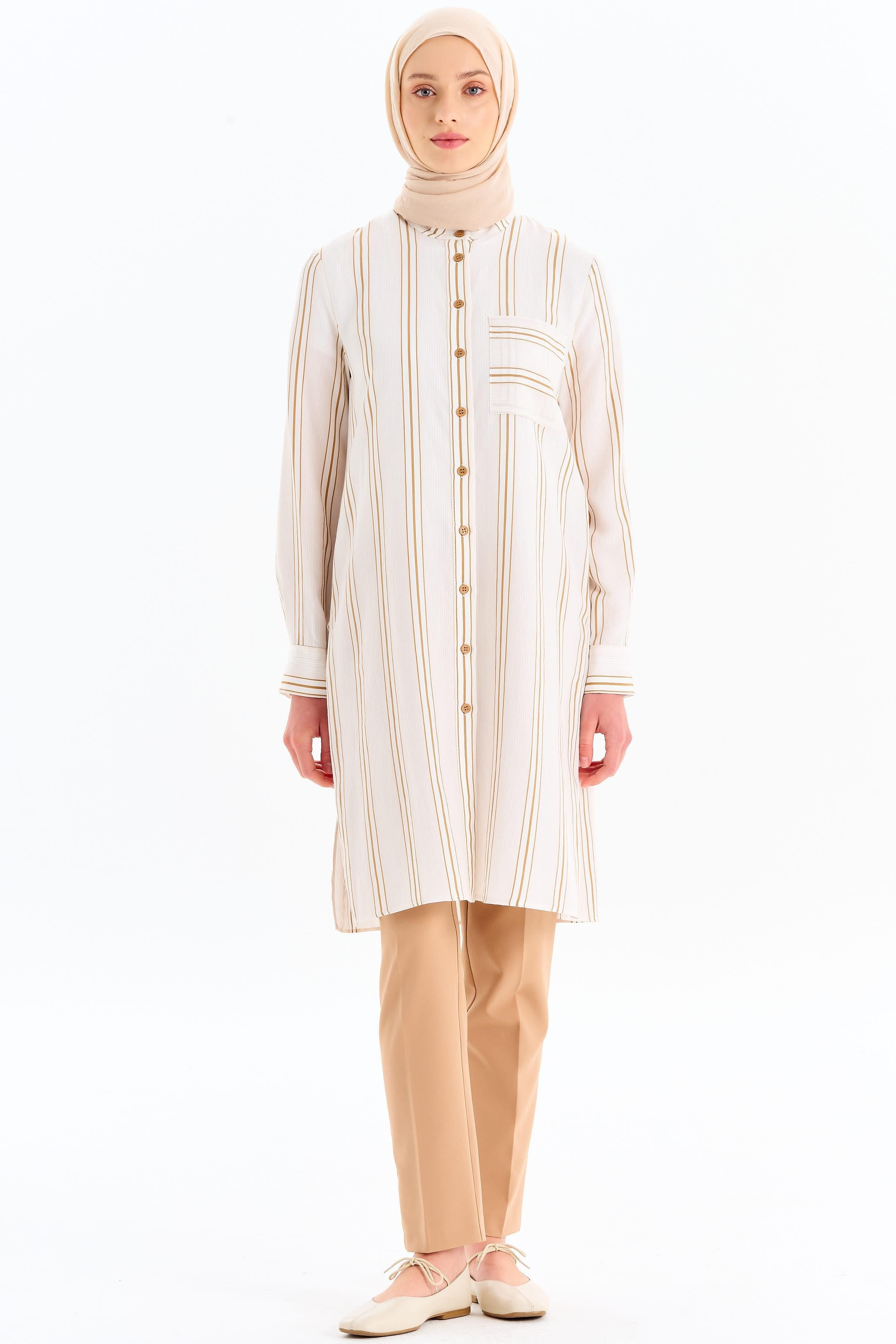 Cepli Yırtmaç Detaylı Çizgili Tunik - Camel TUGBA