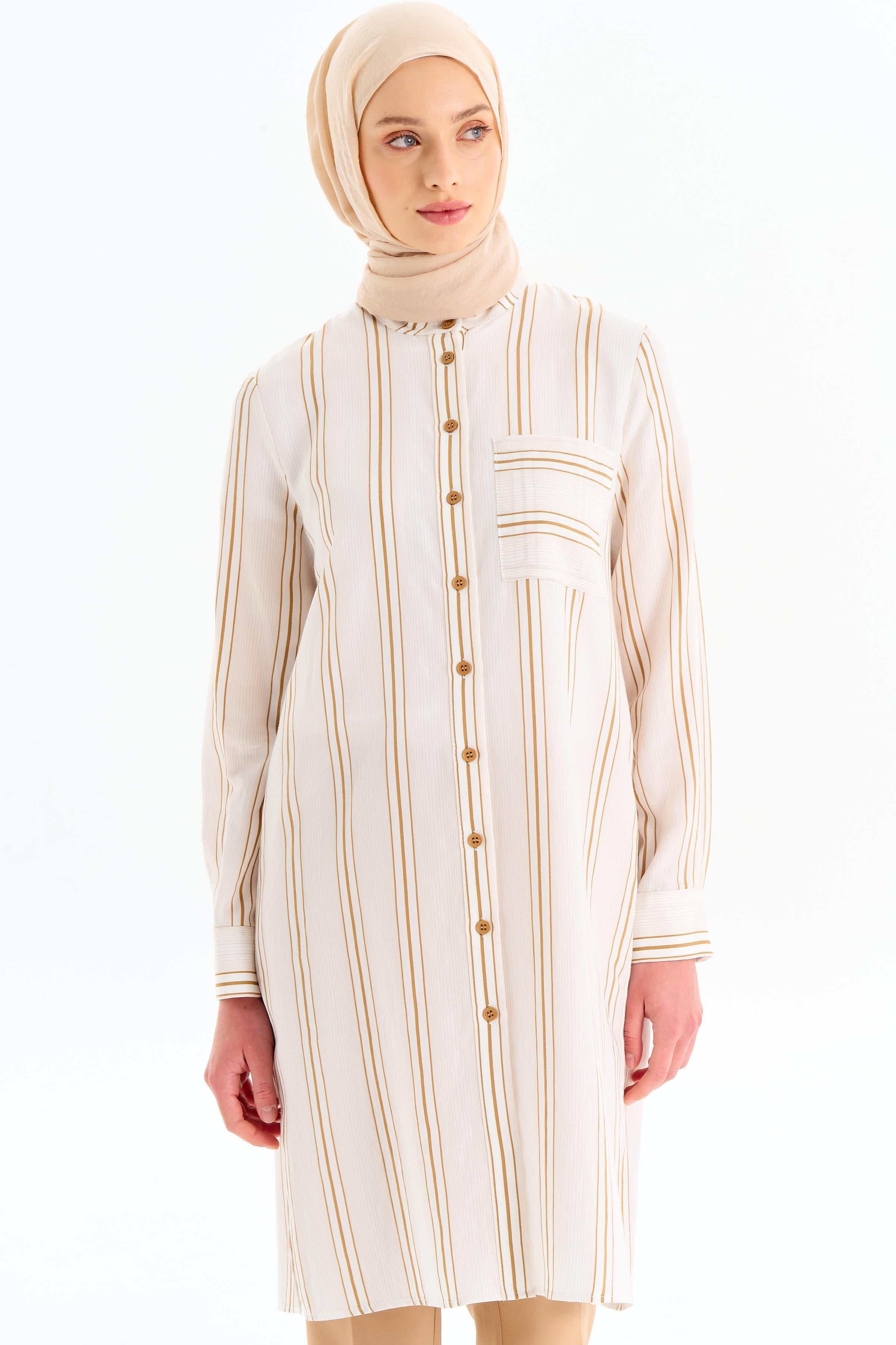 Cepli Yırtmaç Detaylı Çizgili Tunik - Camel TUGBA