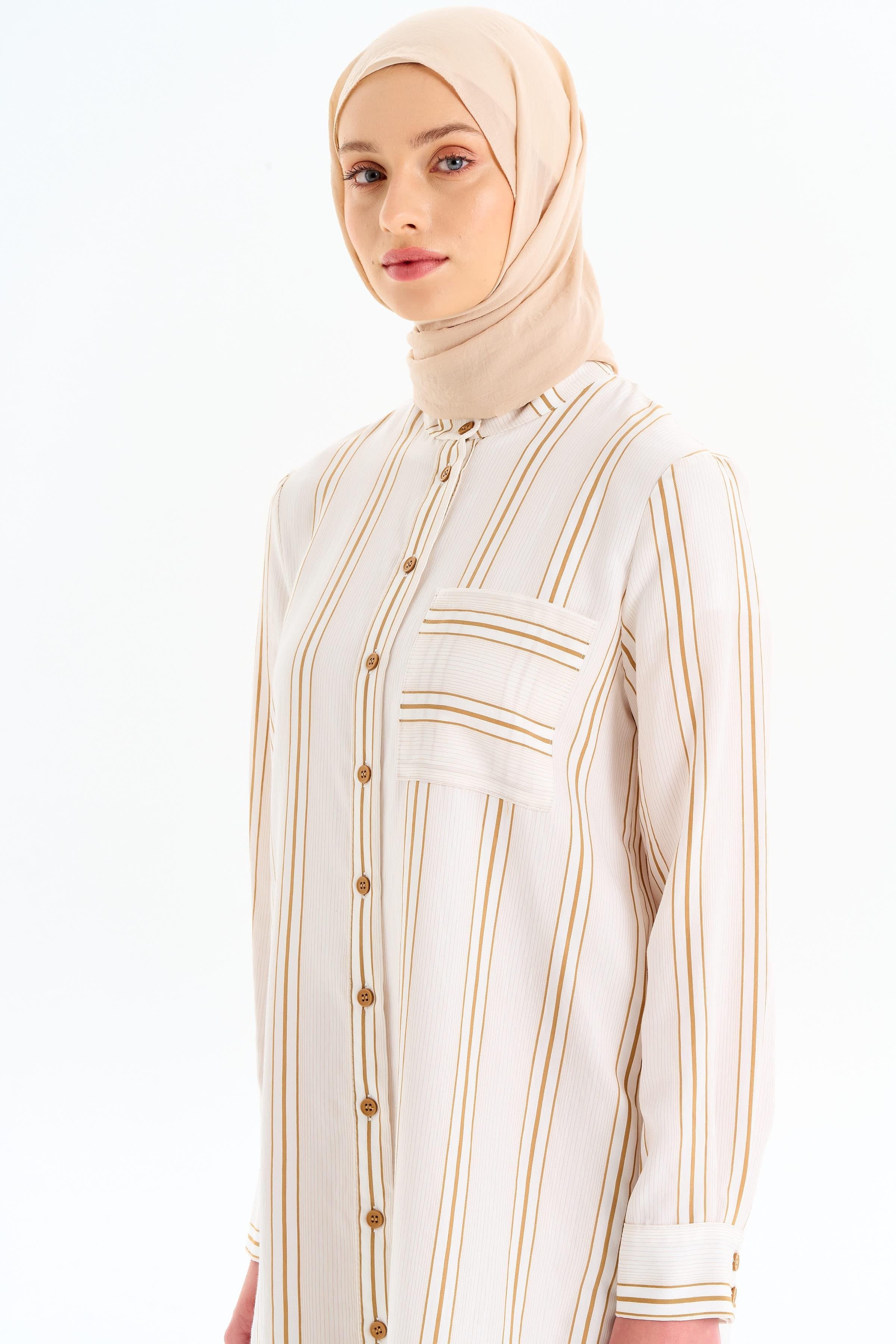 Cepli Yırtmaç Detaylı Çizgili Tunik - Camel TUGBA