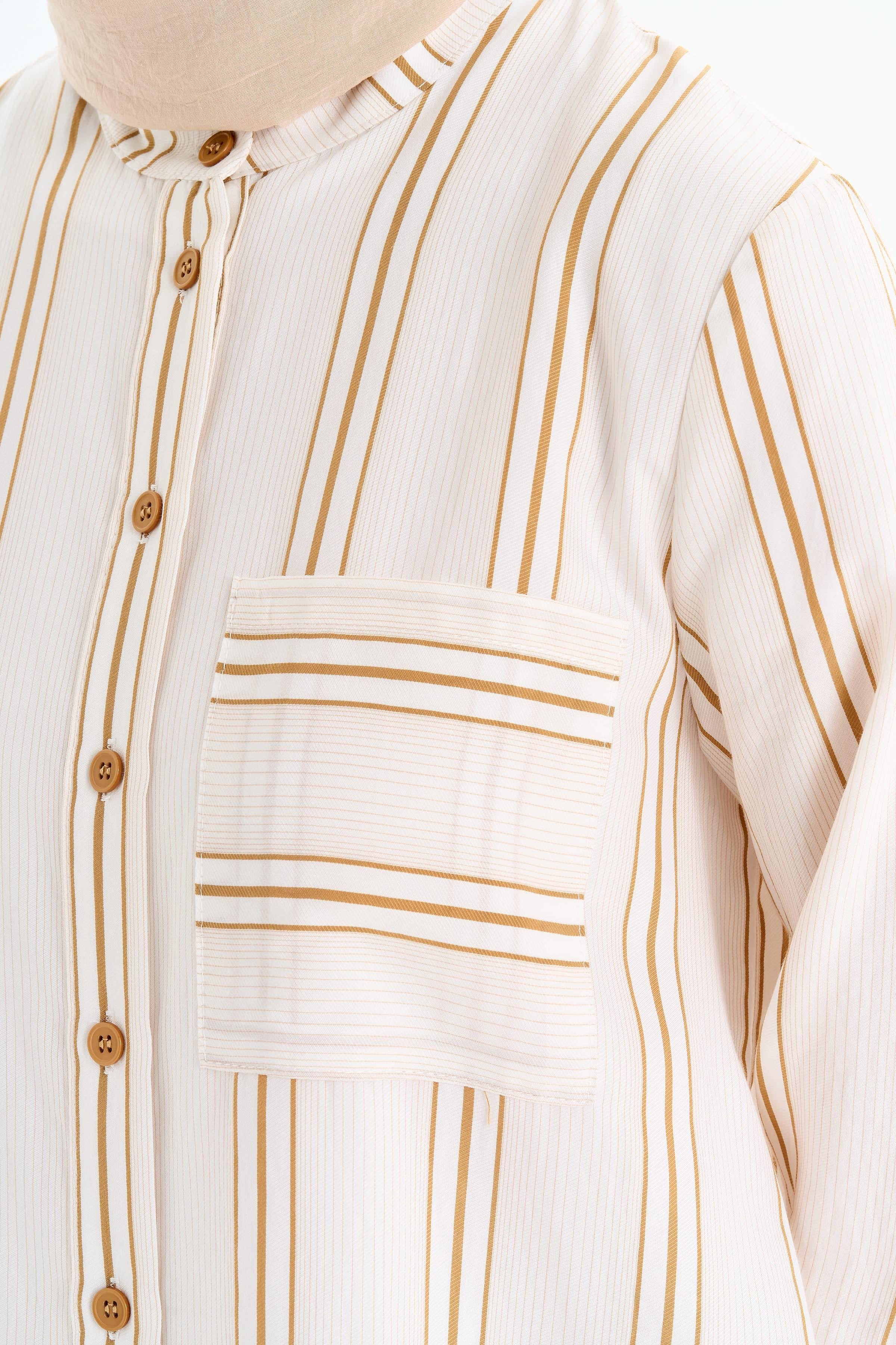 Cepli Yırtmaç Detaylı Çizgili Tunik - Camel TUGBA