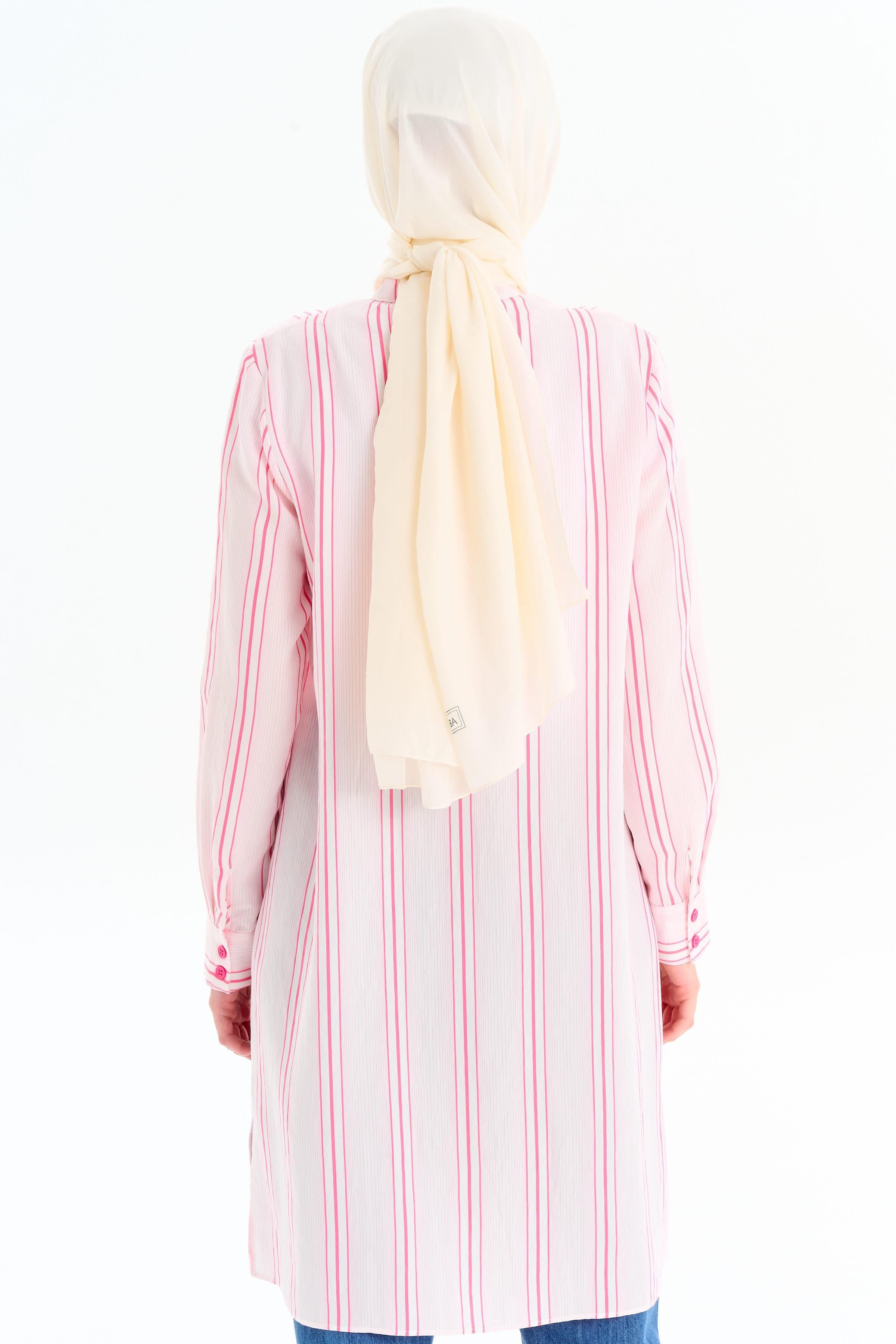 Cepli Yırtmaç Detaylı Çizgili Tunik - Pembe TUGBA