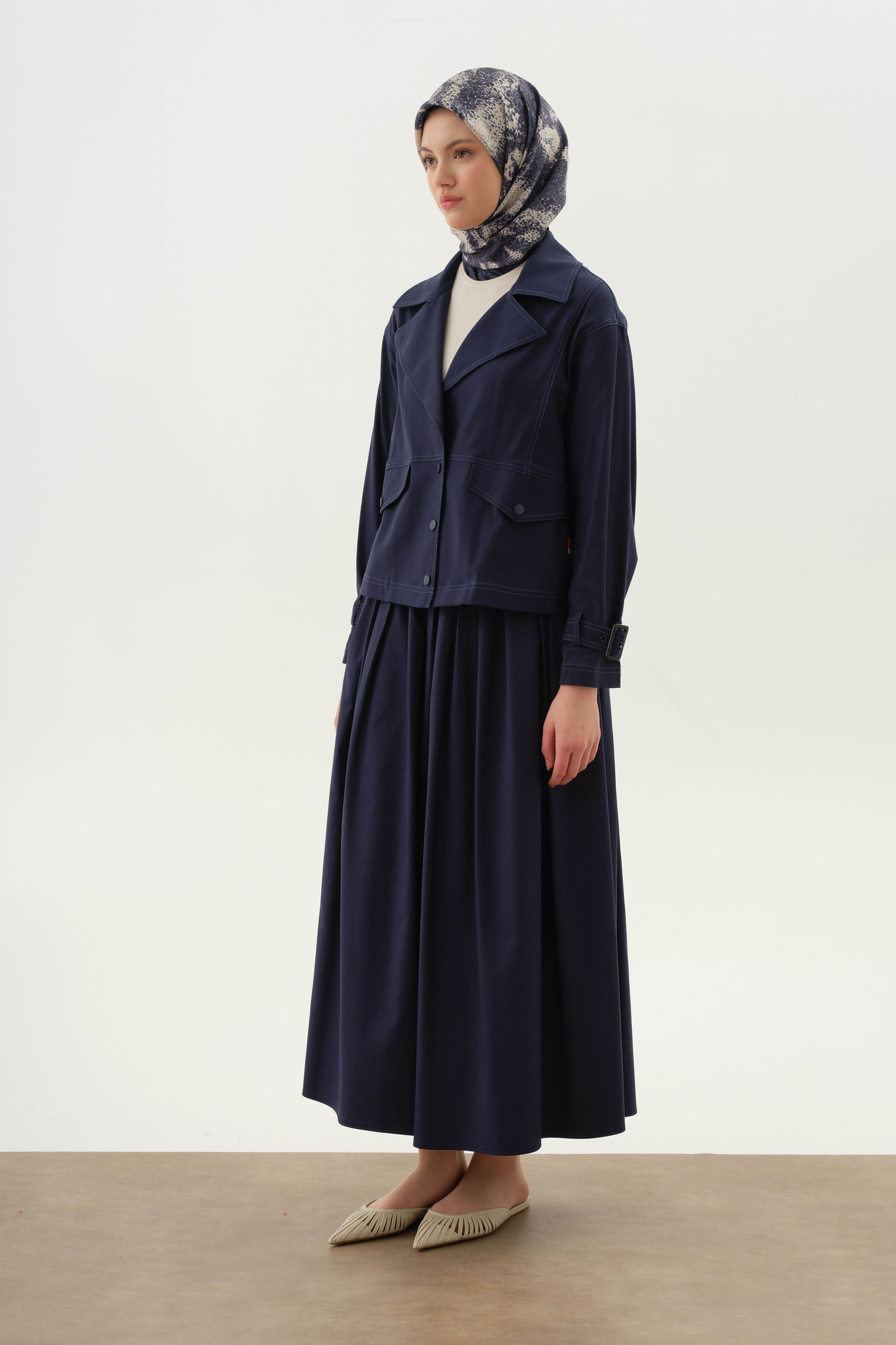 Cepsiz Pileli Etek - Lacivert TUGBA