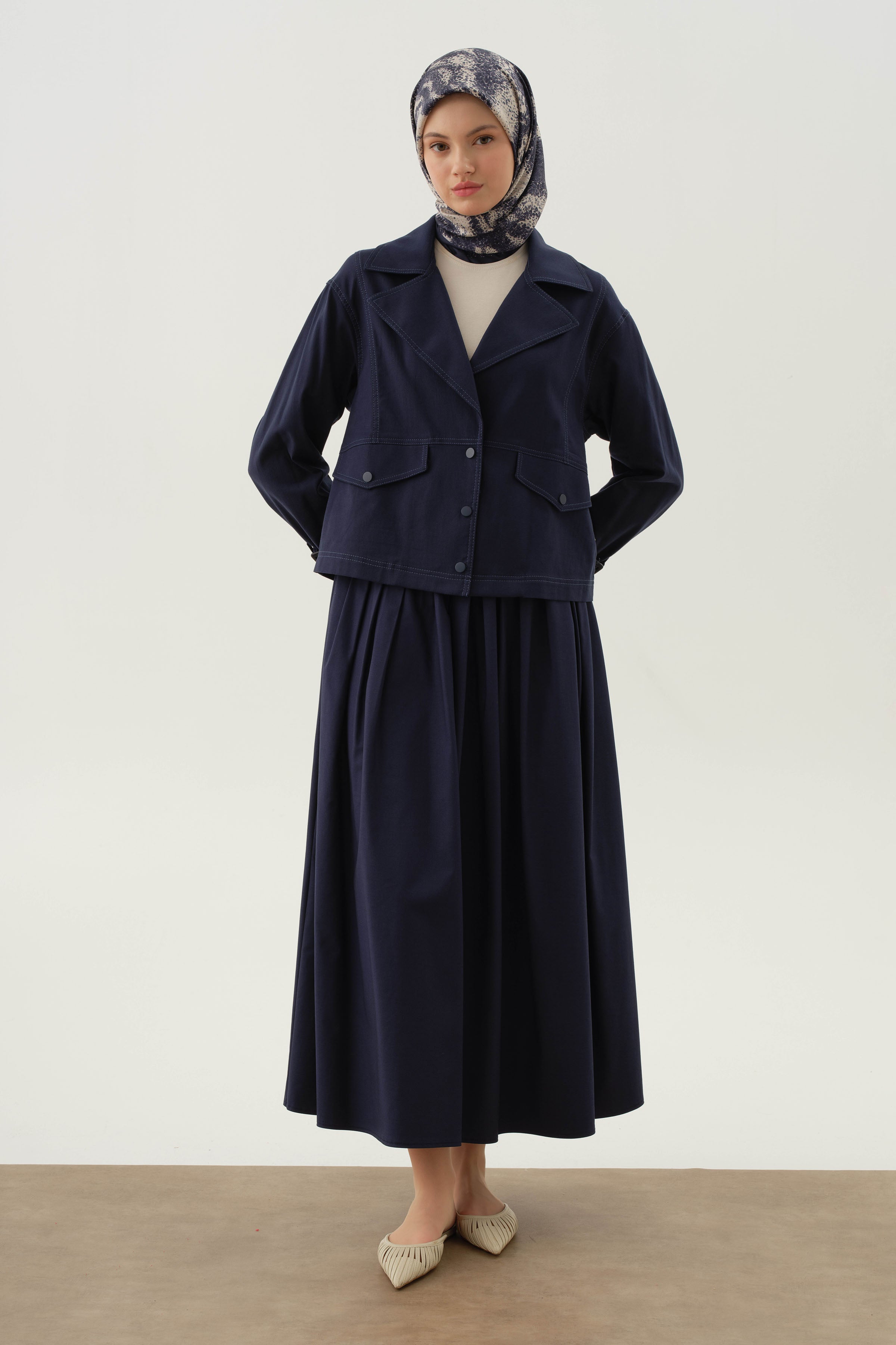 Cepsiz Pileli Etek - Lacivert TUGBA