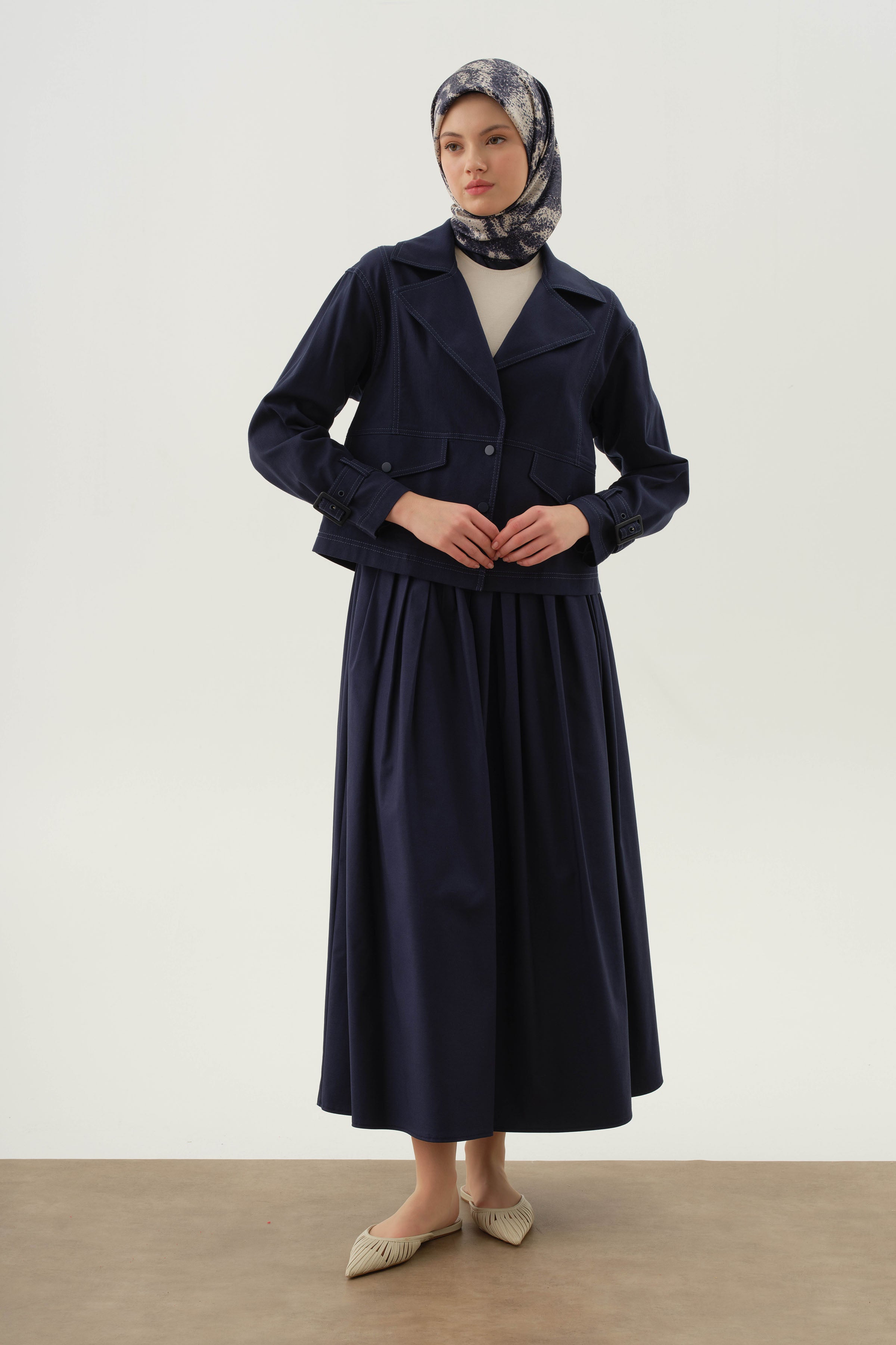 Cepsiz Pileli Etek - Lacivert TUGBA