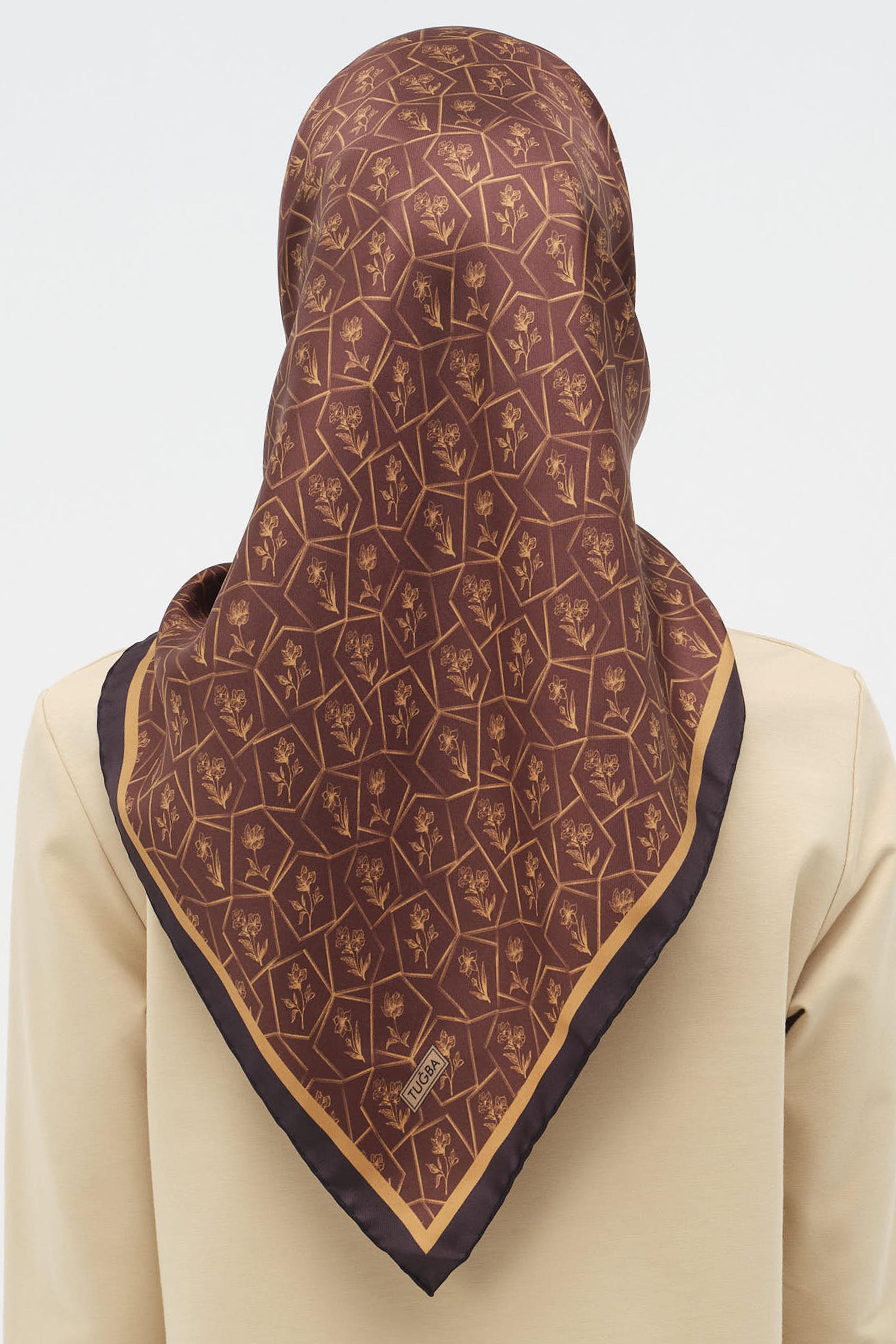 Çerçeveli Twill İpek Eşarp - Acı Kahve TUGBA
