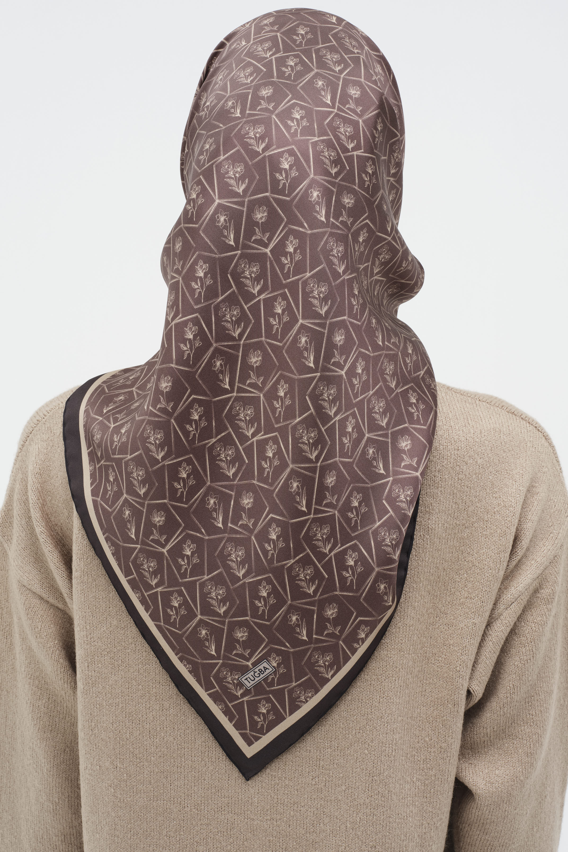 Çerçeveli Twill İpek Eşarp - Kahve TUGBA