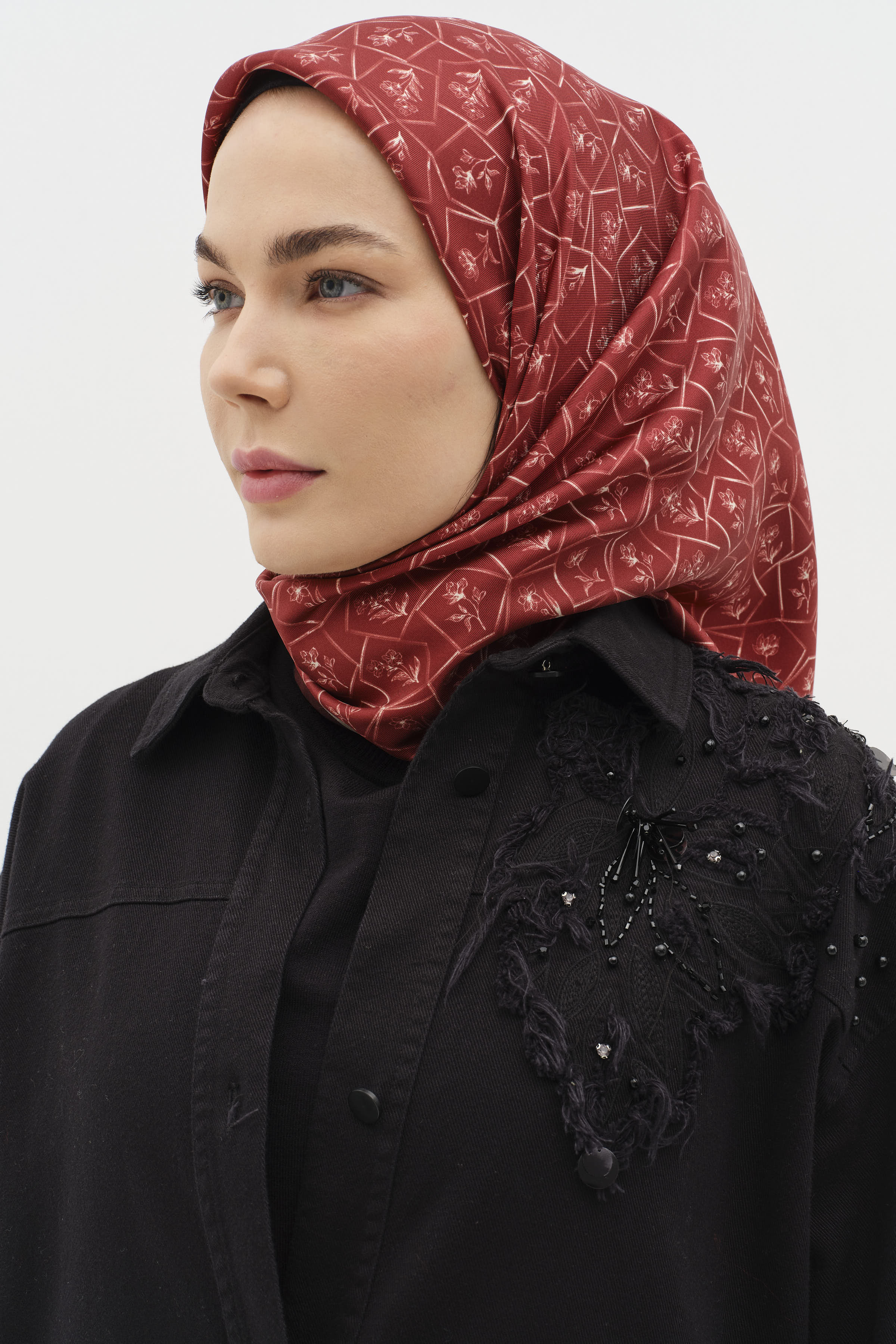 Çerçeveli Twill İpek Eşarp - Kırmızı TUGBA