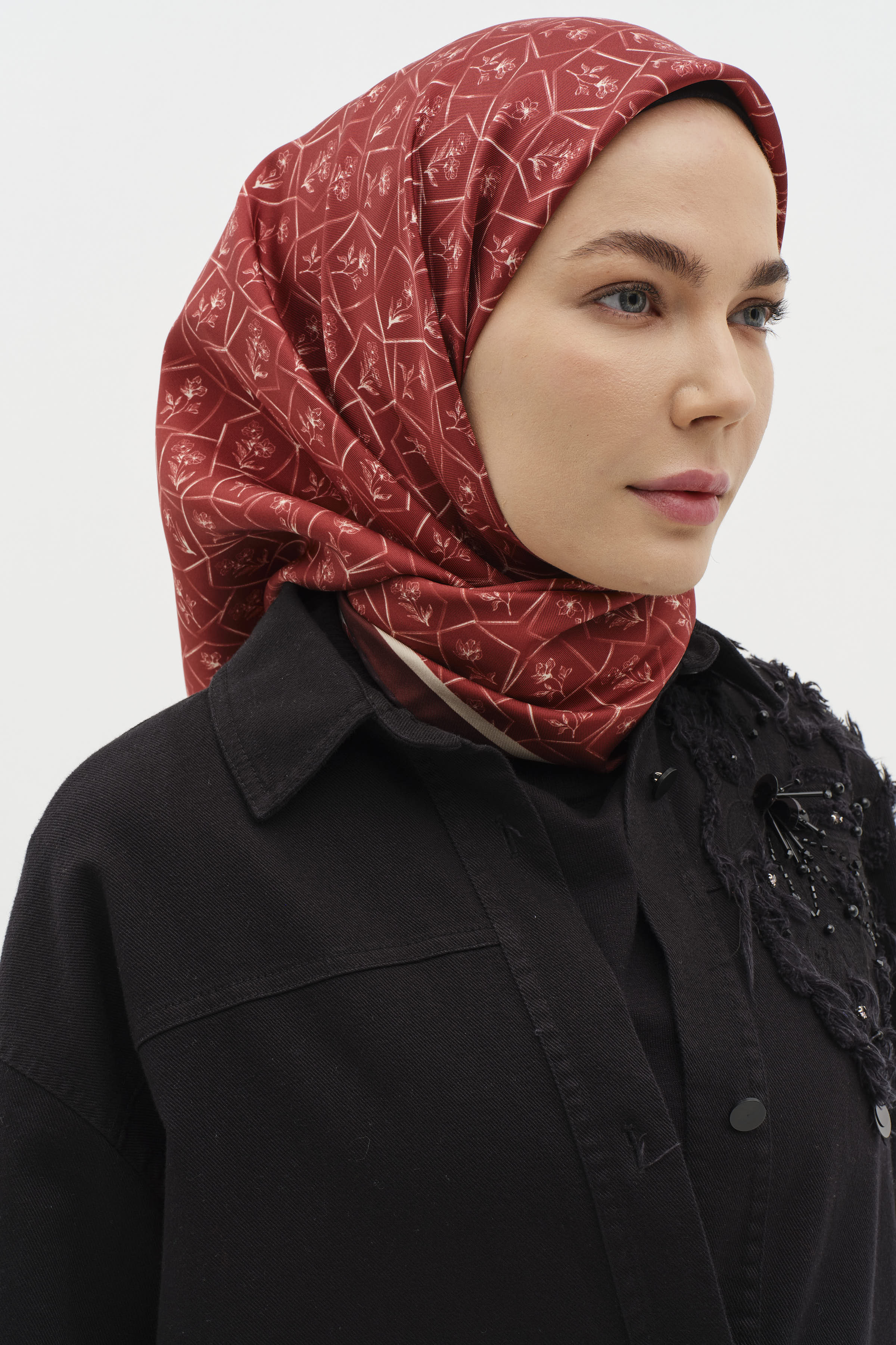 Çerçeveli Twill İpek Eşarp - Kırmızı TUGBA