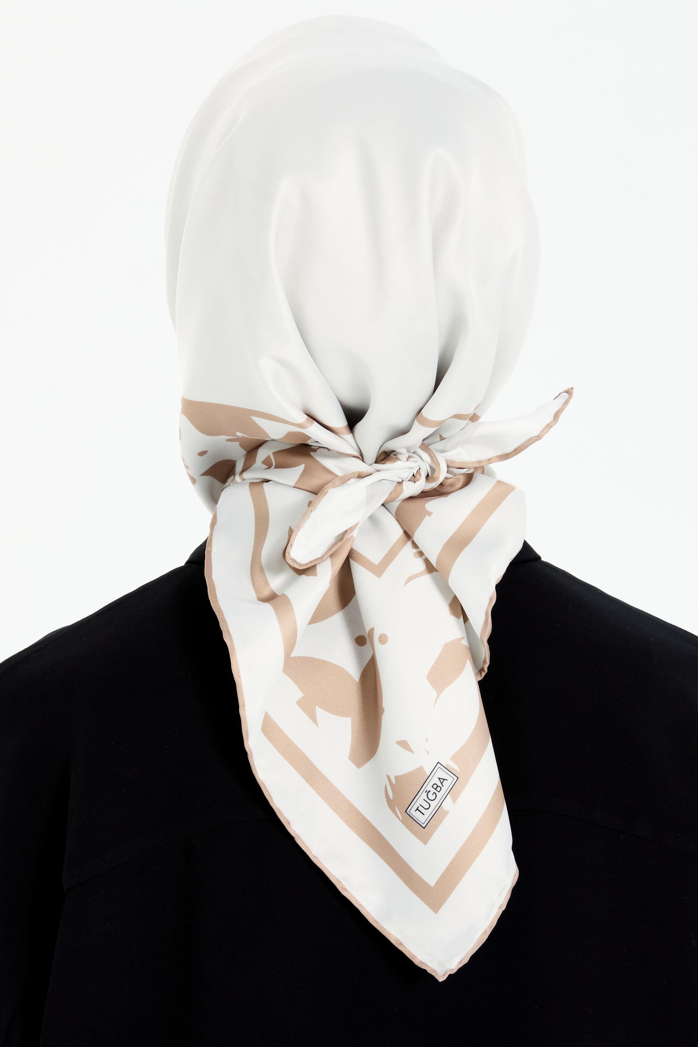 Çiçek Çerçeve Desenli Stil Eşarp - Bej TUGBA