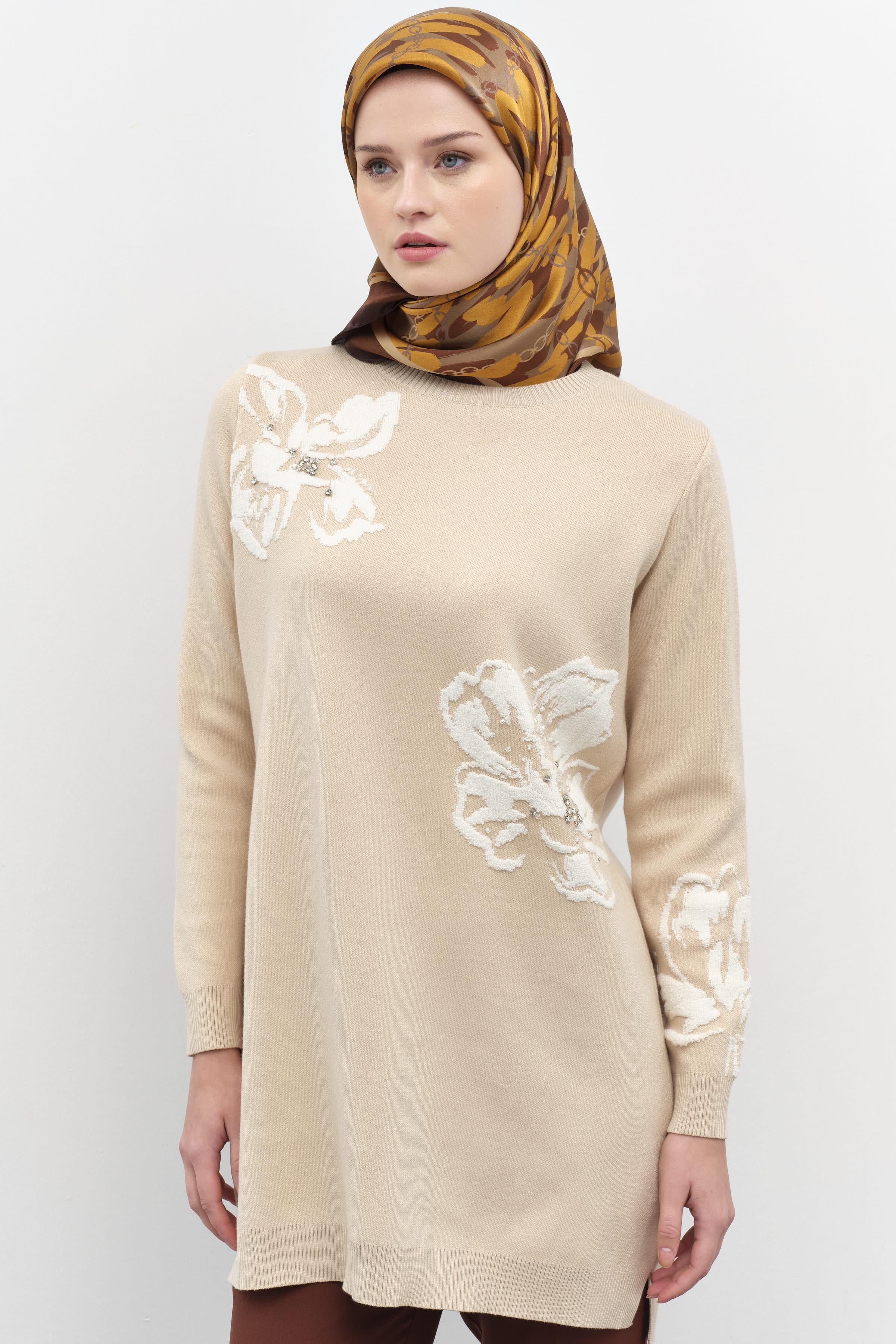 Çiçek Desenli Triko Tunik - Bej TUGBA