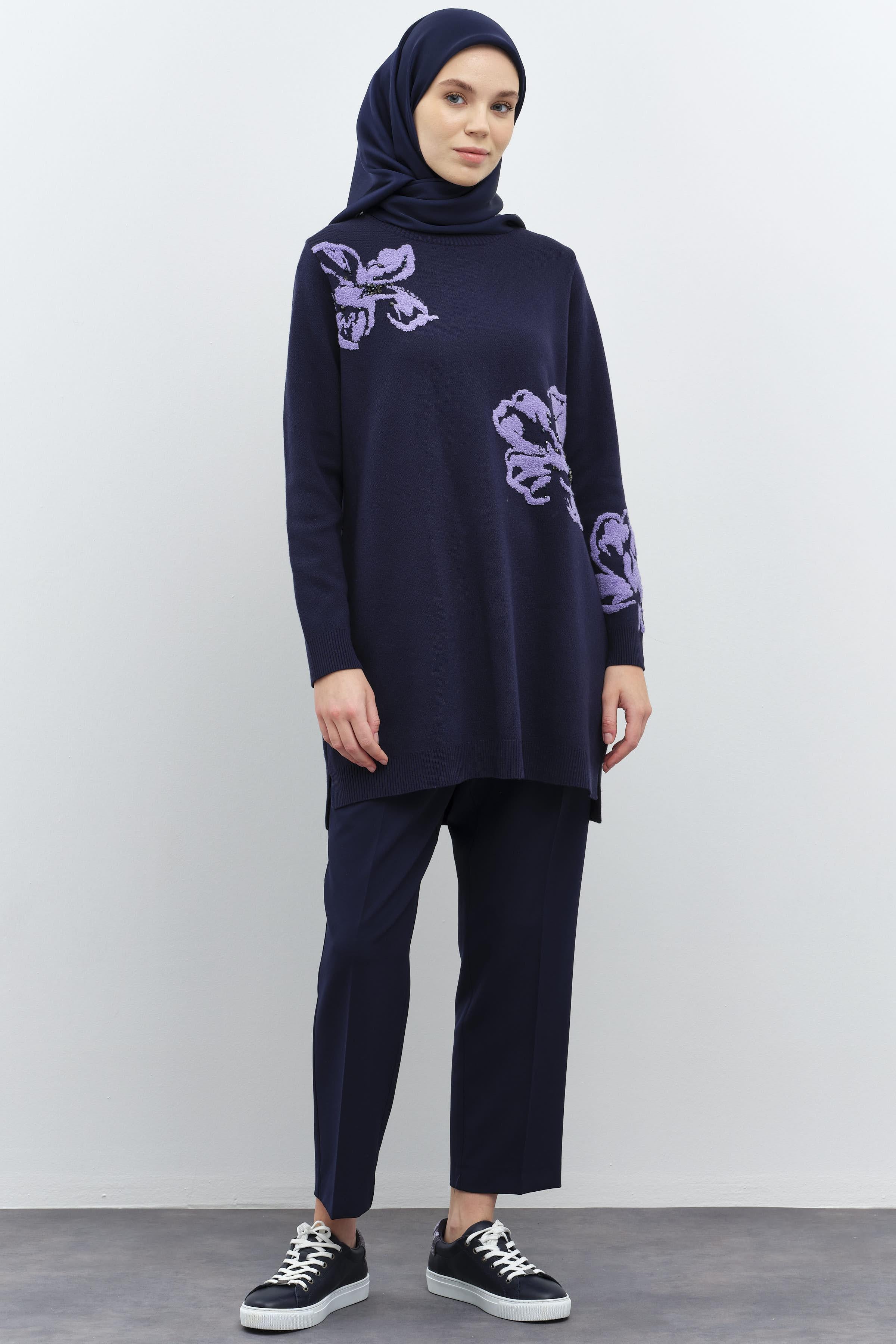 Çiçek Desenli Triko Tunik - Lacivert TUGBA