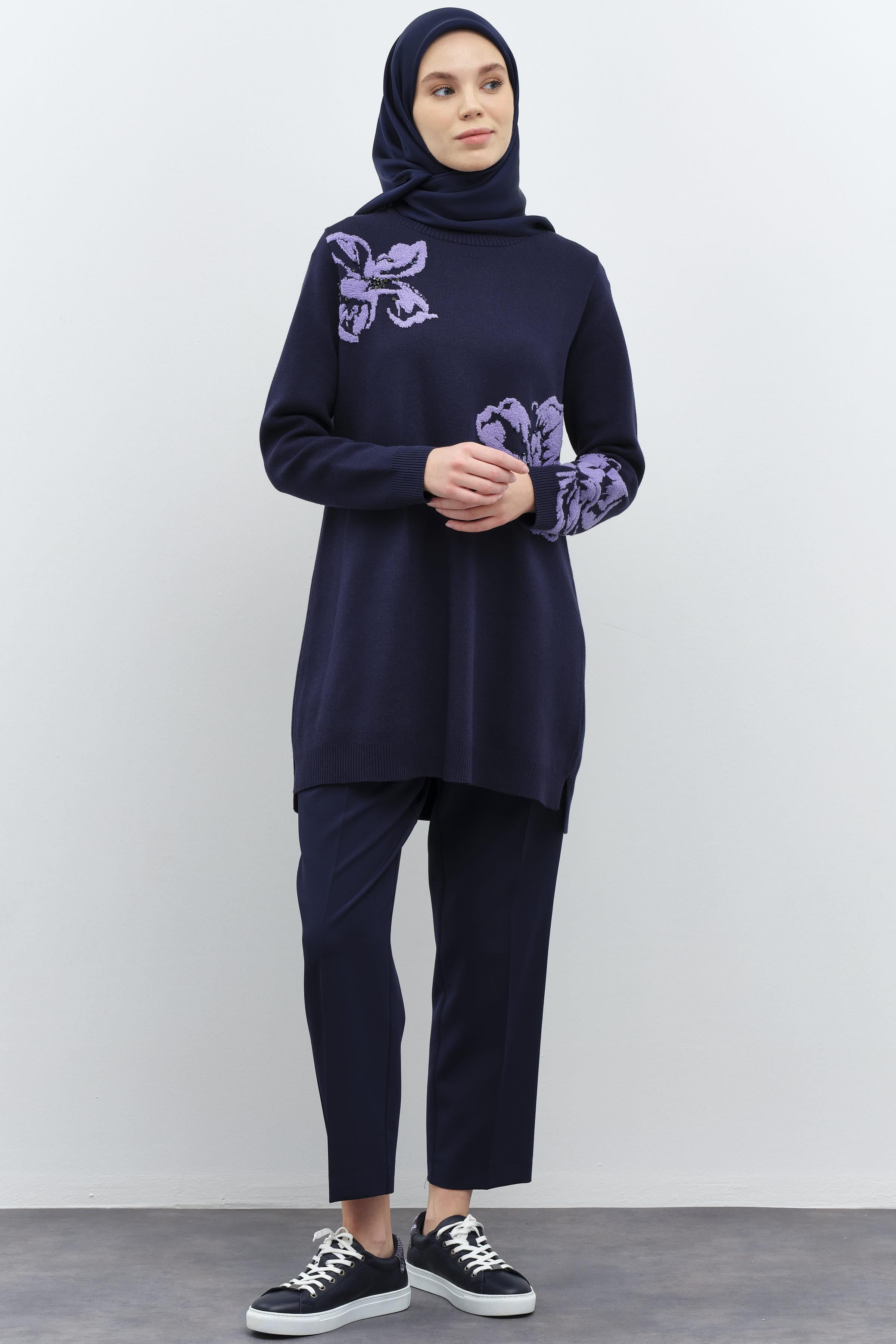 Çiçek Desenli Triko Tunik - Lacivert TUGBA